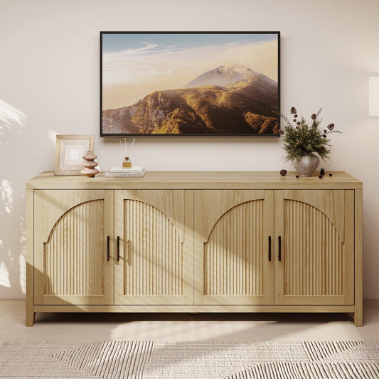 Bestier 70"W Sideboard Buffet Cabinet with Storage, Mid Century Credenza Storage Cabinet, 4 Doors Reeded Sideboard, Adjustable Shelves, Wood Buffet Long Cabinet for Living Room, Entryway, Coastal Oak