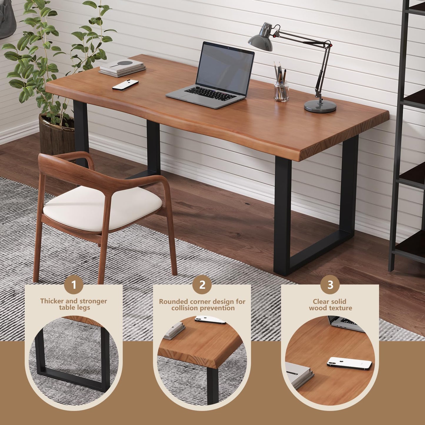 KunAndPeng Solid Wood Office Desk, 47.24" Tan Executive Computer Desk with Heavy-Duty Metal Base, Multi-Purpose Desk/Dining Table, Ideal for Home Office & Work Environments