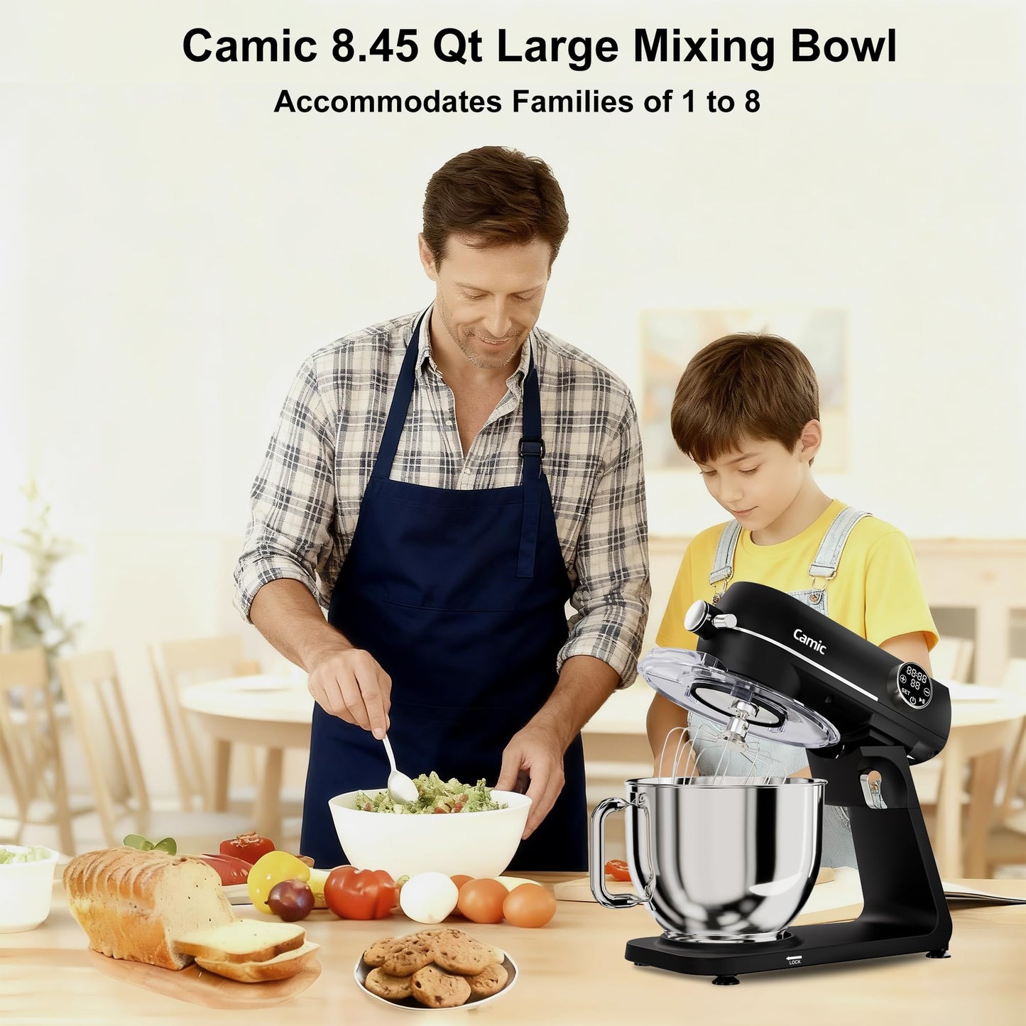 8.45 QT All Metal Stand Mixer,10 Speed Large Capacity Kitchen Mixer with Digital Timer & Tilt-Head, Electric Mixer with Whisk Dough Hook Mixing Beater for Baking,Cakes,Cookie,Bread,Salad (Black)
