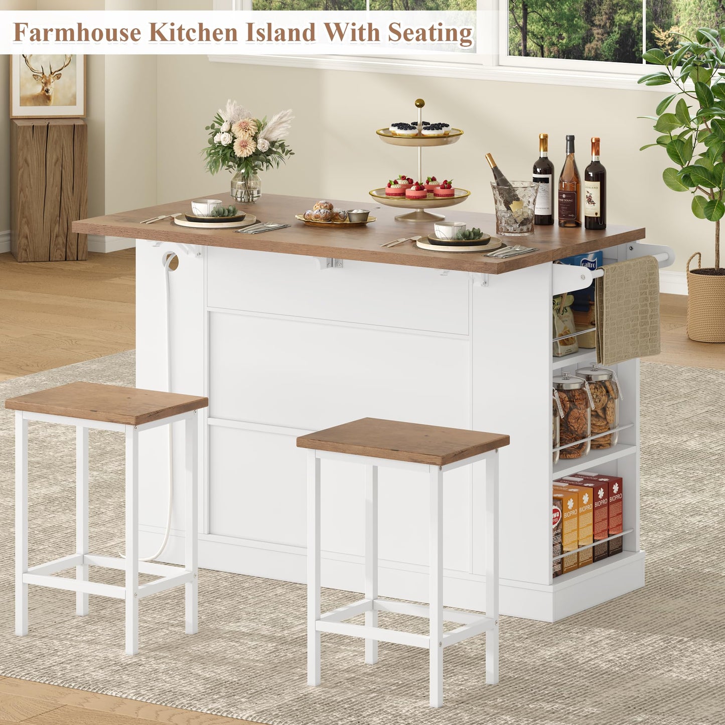 Keyluv Kitchen Storage Island with 2 Stools, 51.2” Mobile Kitchen Cart with Drop Leaf & Power Outlet, Rolling Island Table Dining Room Buffet with 2 Drawers & Side Storage Rack &Towel Rack, White
