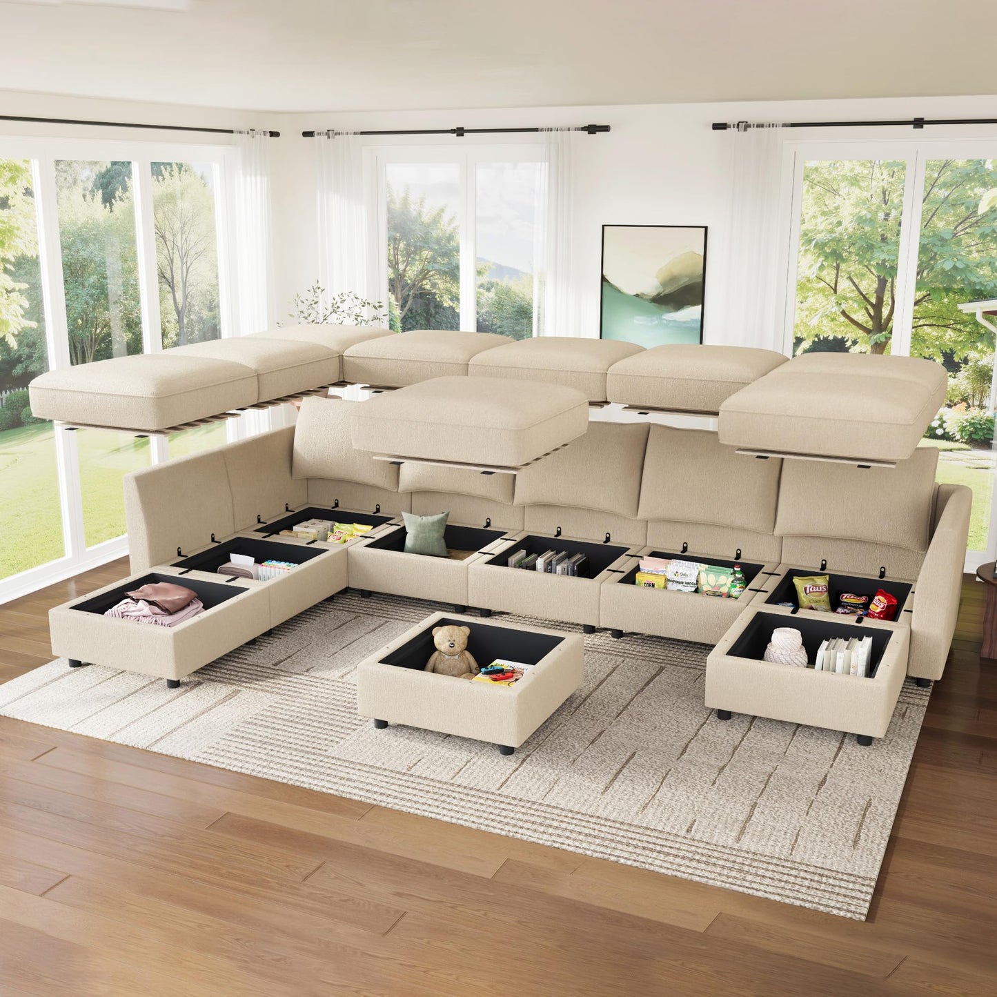 HONBAY Modular Sectional Sofa with Storage, U Shaped Couch Modular Convertible Sectional Couches for Living Room - Beige