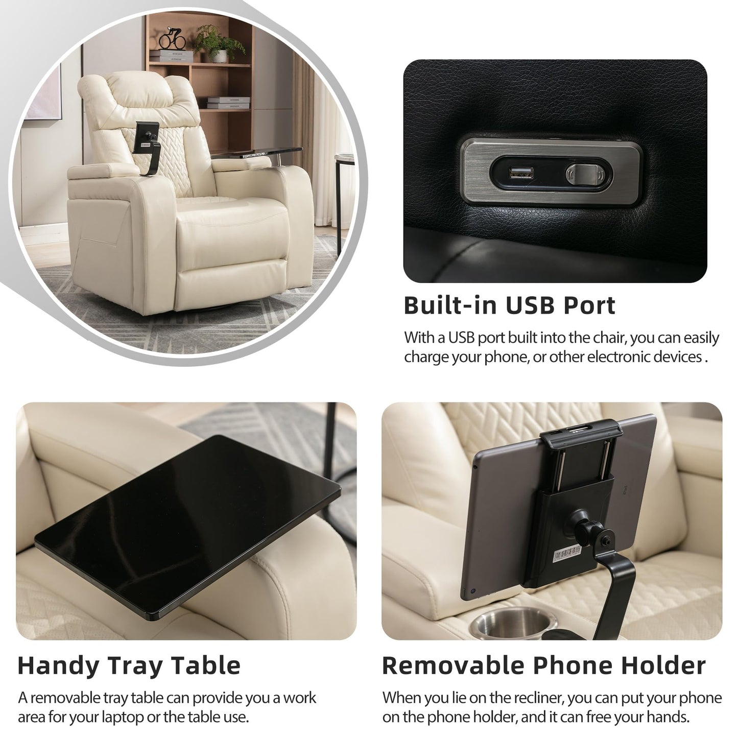 Ball & Cast Power Recliner Chair,270 Degree Swivel PU Leather Home Theater Seating for Living Room,Soft Individual Chair with Tray Table, Phone Holder,Cup Holder,USB Port,Hidden Arm Storage,White