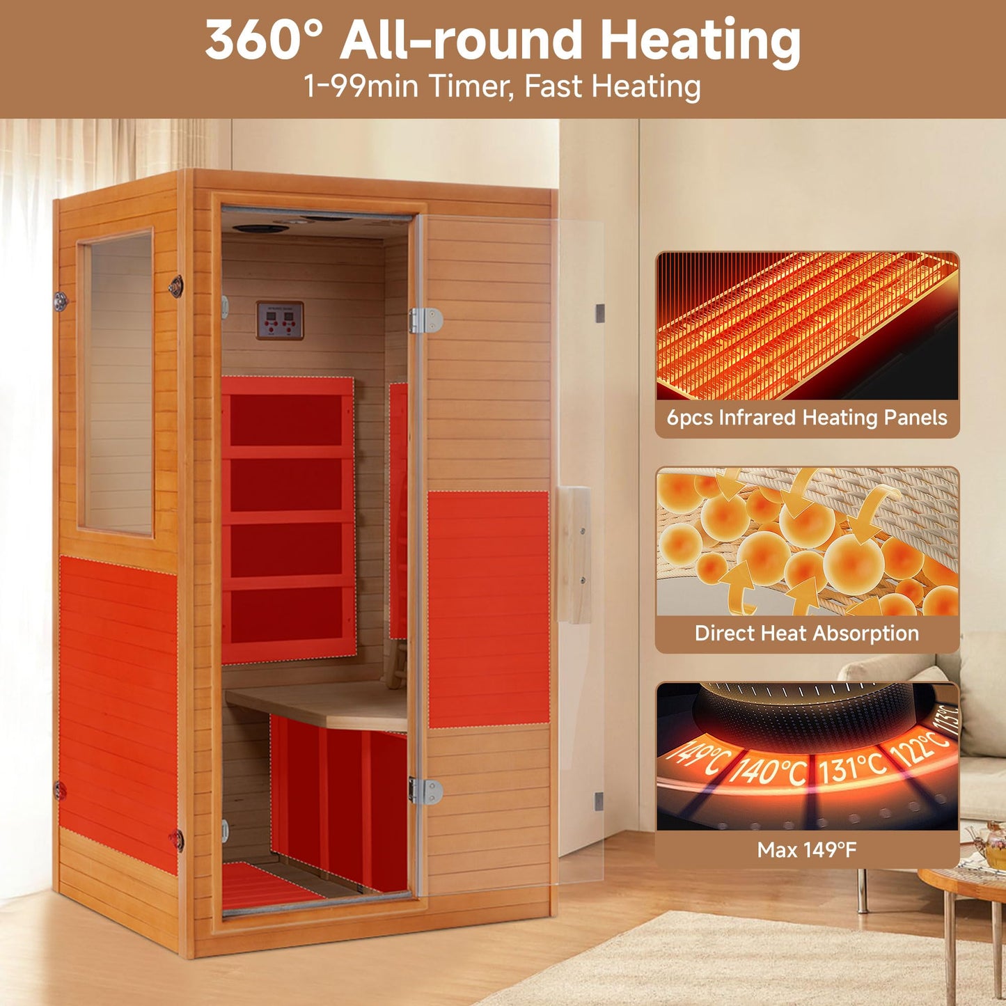 springspa Infrared Sauna Home Sauna, Indoor Far Infrared Saunas for Home, 1 Person Canadian Hemlock Wooden Spa Room, 950w 120v with Control Panel, 33 * 27.3 * 59 inch
