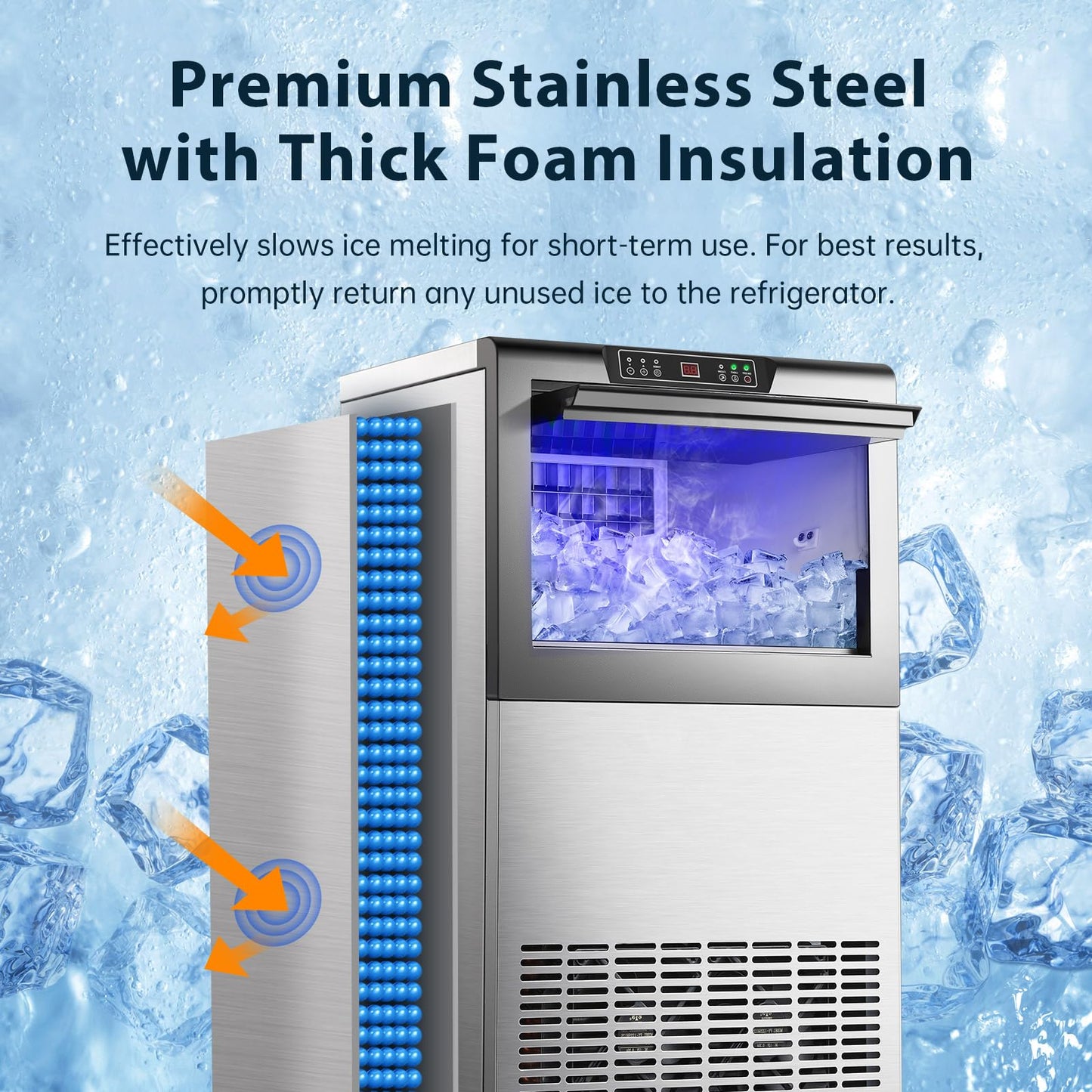 Zomagas Commercial Ice Maker 150lbs/24H, Ice Maker Machine with 50lbs Ice Storage, Self-Cleaning, LED Digital Display, Blue Light, Under Counter/Freestanding Ice Machine for Home Bar Restaurant