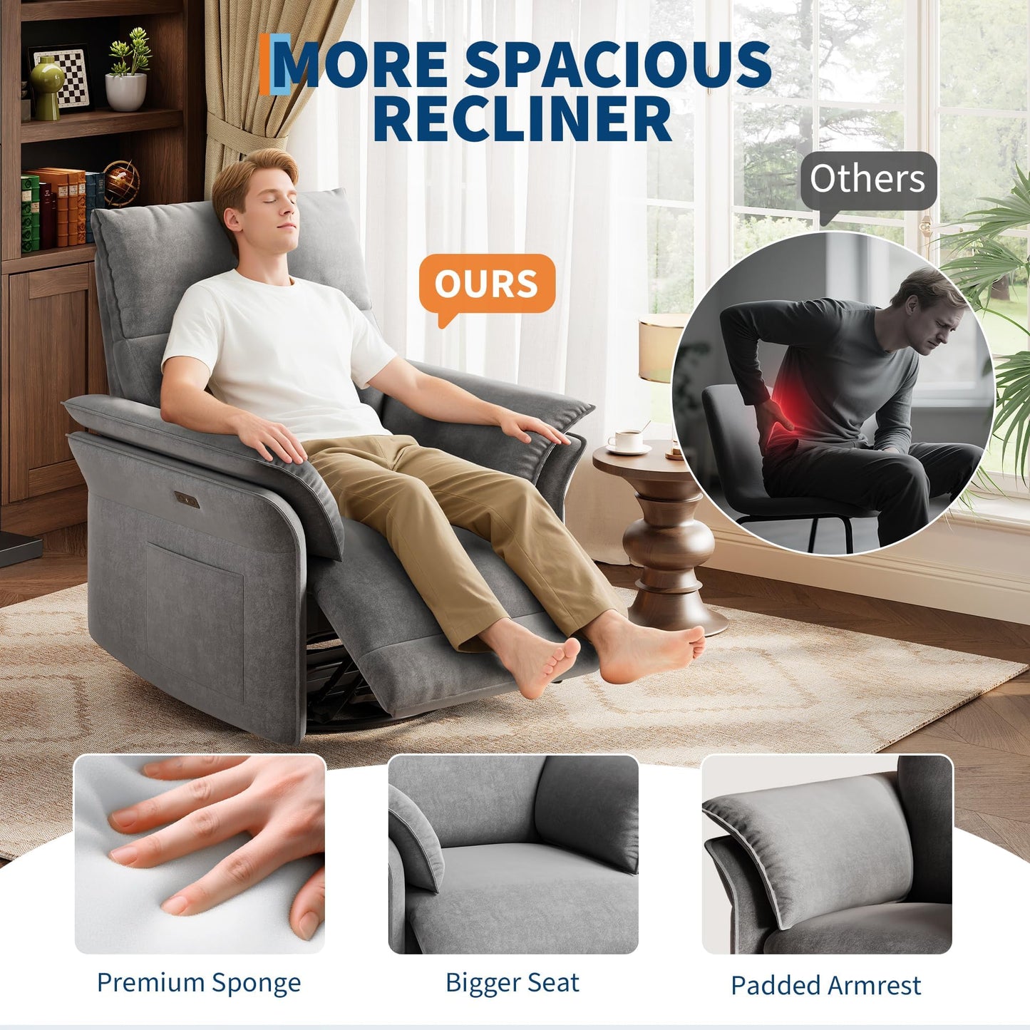 GAOMON Swivel Rocking Recliner Chair, Manual Leather Recliner Glider with Lumbar Support & Padded Armrest, Comfortable Rocker Nursery Single Sofa for Living Room and Bedroom (Light Gray)