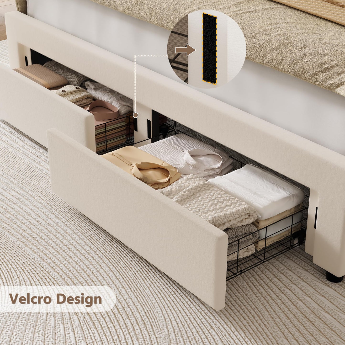 HITHOS Queen Upholstered LED Bed Frame with 2 Storage Drawers, Velvet Platform Bed with Wingback Headboard, Solid Wooden Slats Support, No Box Spring Needed, Headboard Splicing Design, Beige