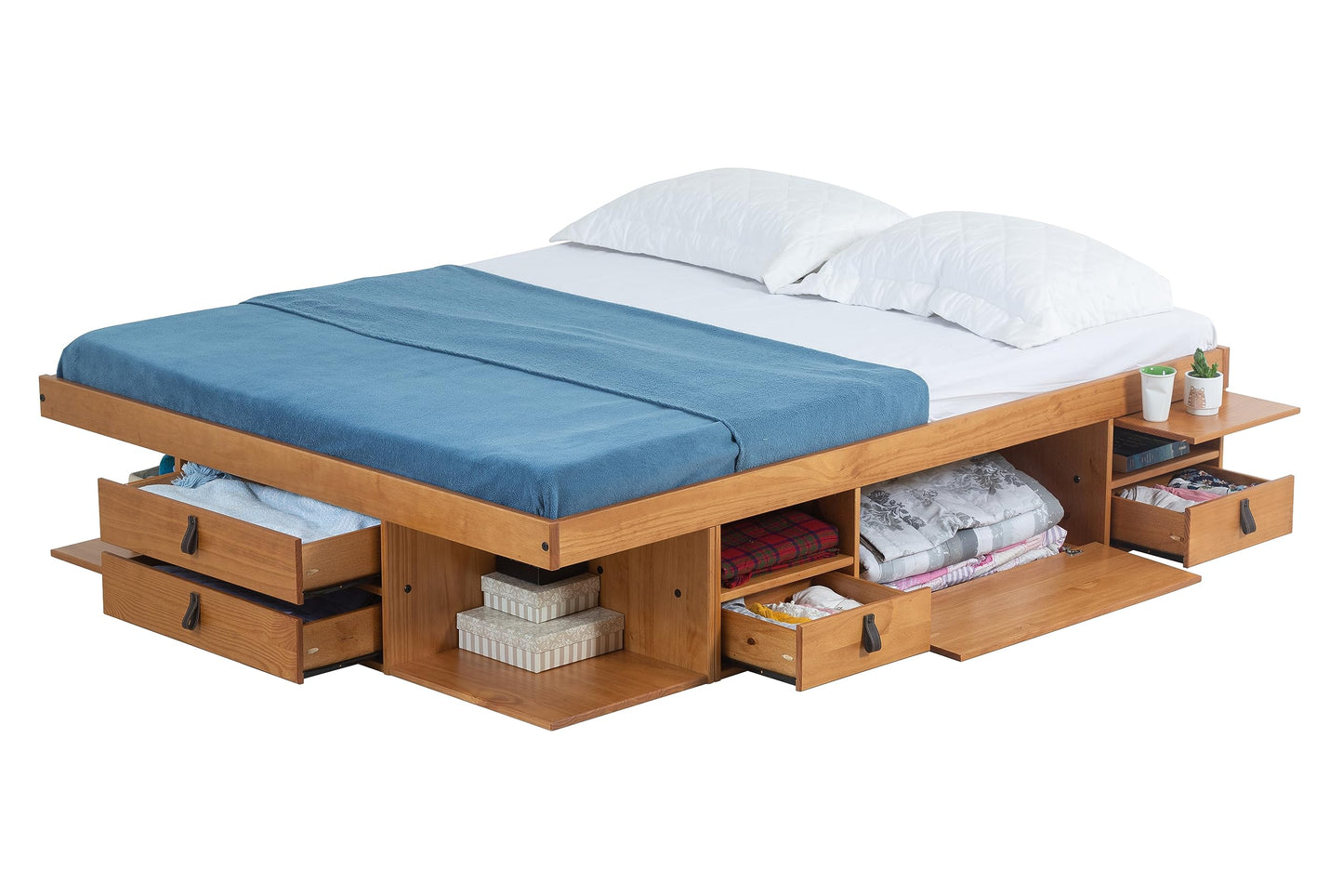 memomad Bali Full Size Storage Platform Bed with 6 Drawers, 6 Shelves, 2 Door Cabinets, 2 Pullout Nightstands, Solid Pine Wood Bed Frame with Underbed Storage, No Box Spring Needed, Oak Brown