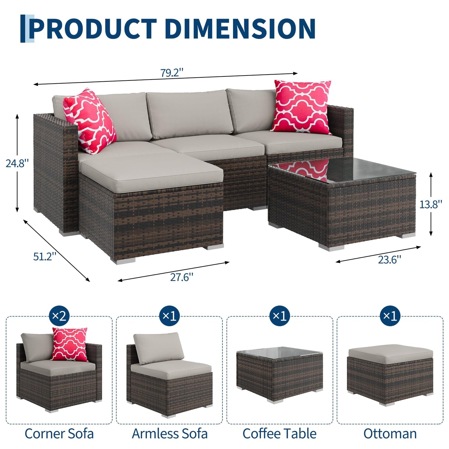 MilleLoom 5-Piece Outdoor Sectional Sofa Set, All-Weather PE Rattan Patio Furniture with Ottoman & Tempered Glass Table, Convertible Garden Couch for Backyard, Porch, Poolside (Brown/Light Gray)