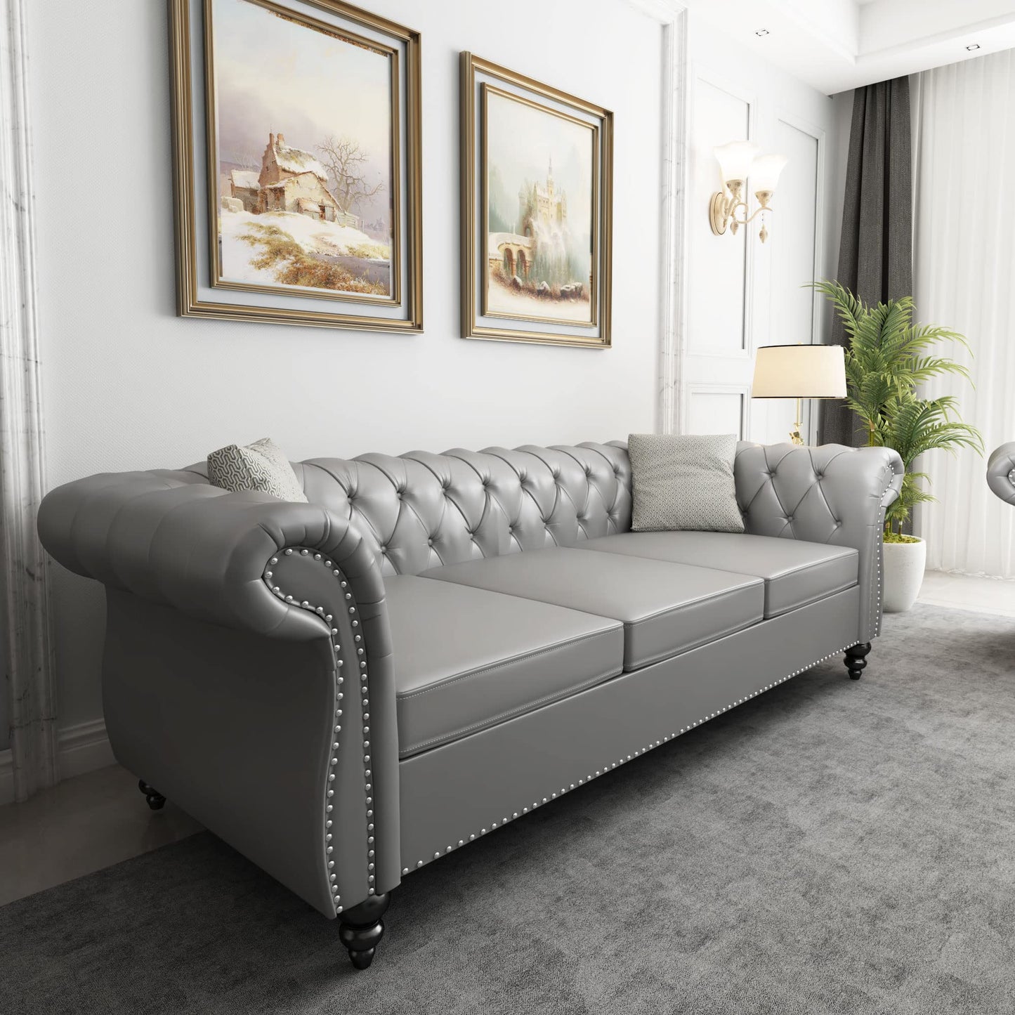 ORRD Chesterfield Sofa Leather, Modern PU Tufted Couch 3 Seater with Rolled Arms and Nailhead for Living Room, Bedroom, Office, Apartment (Grey)