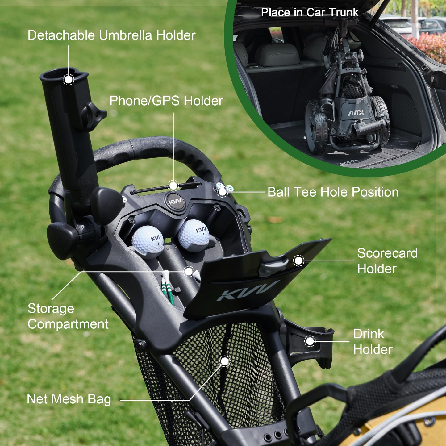KVV 3 Wheel 360 Rotating Front Wheel Foldable/Collapsible Golf Push Cart with Foot Brake Open and Close in ONE Second-Free Umbrella Holder Included(Black/Charcoal)