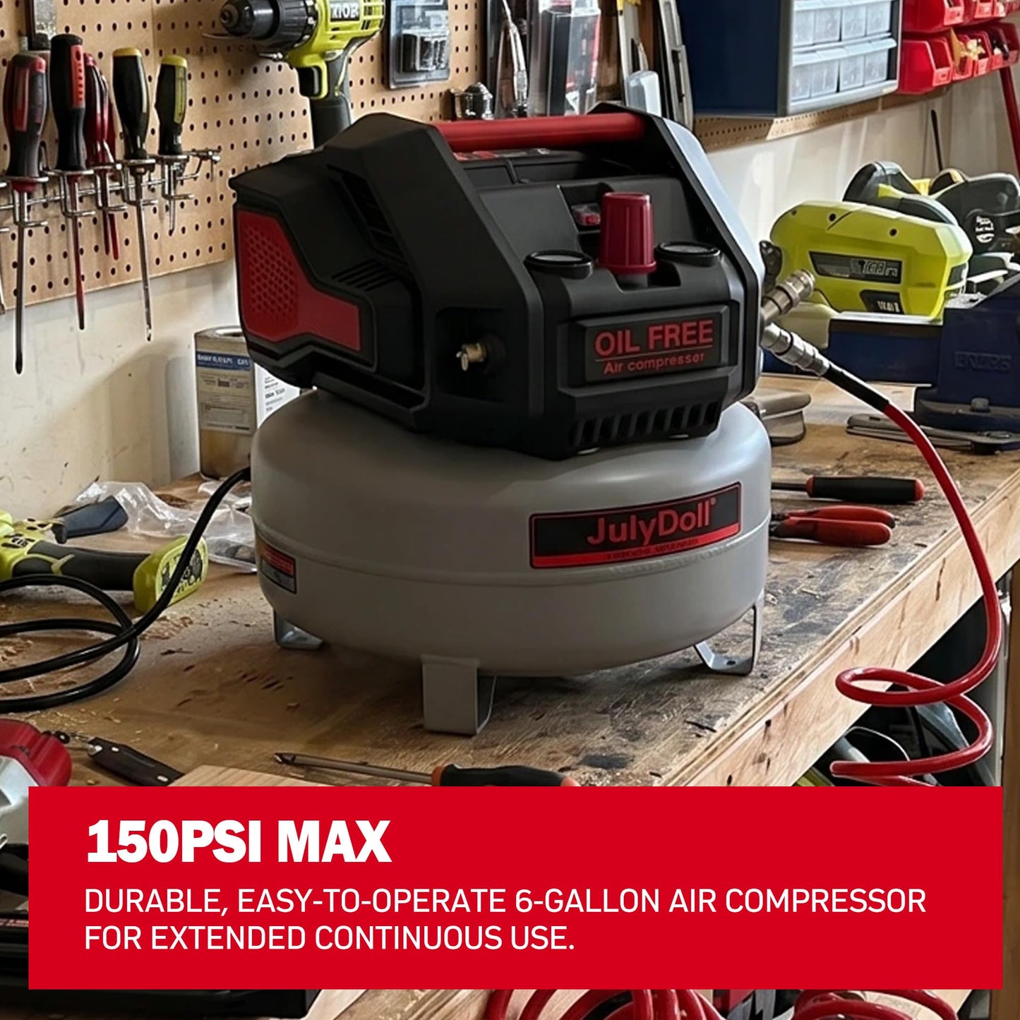 6 Gallon Pancake Air Compressor, 2.0 HP, Max 150 PSI, Oil-Free Motor, Portable Air Compressor for Garage, Workshop, Tire Inflation