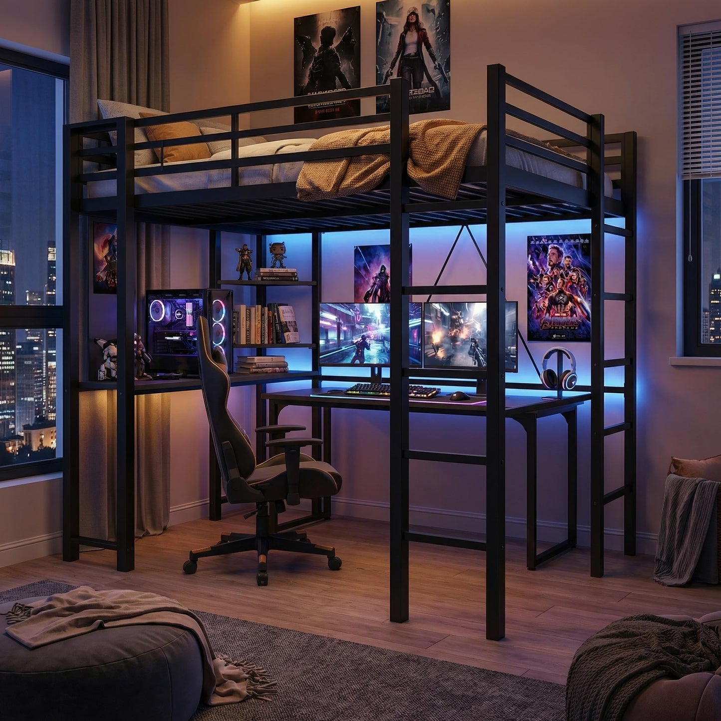 SUNLEI Loft Bed with Desk, Metal Loft Bed Full Size with 2 Built-in Ladders, Space-Saving Bed Frame, with Safety Guard, Noise Free for Small Bedroom, (Full Size) Black