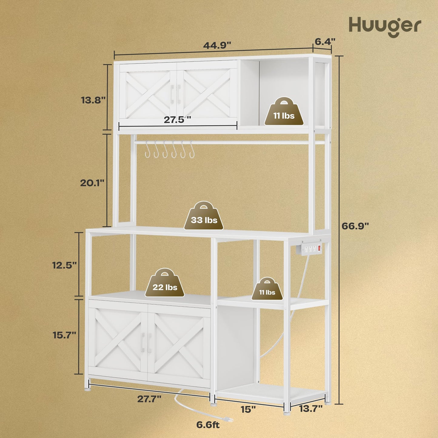 Huuger Large Bakers Rack with Power Outlet, Kitchen Microwave Stand with Cabinets, Coffee Bar Table Station with Storage, 6 S-Shaped Hooks, Mesh Shelves, 45 Inch Wooden Top, White