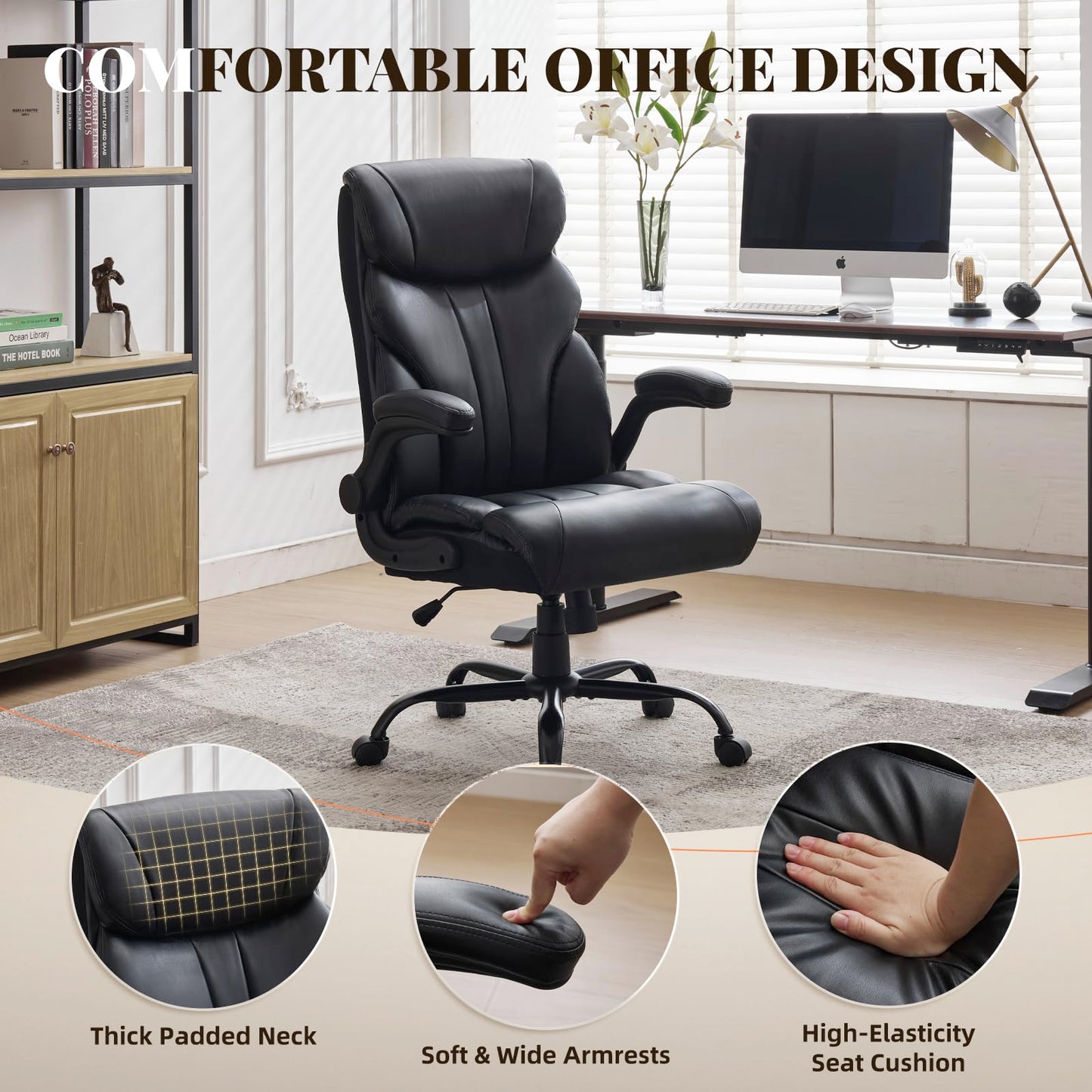 Big and Tall Office Chairs with Adjustable Flip-up Armrests,500LBS Wide Ergonomic Gaming Chair,100-118°Recline Executive Leather Computer Chairs with Adjustable Height,Black
