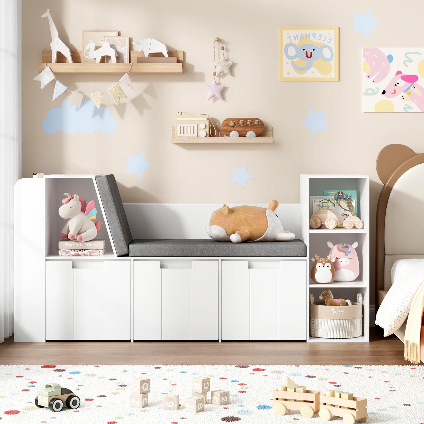BOTLOG 61.5" Kids Reading Nook with 3-Layer Bookshelf, Reading Nook for Kids with Double Bench and Rolling Drawers, Bookshelf and Toy Storage for Nursery, Playroom (White)