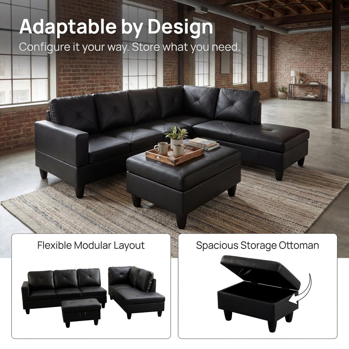 Topcomfy Leather L Shaped Sectional Couches for Living Room - 97.5“ x 66.5" Modular Sectional Sofa with Storage Ottoman, 4 Seat Home Sofa Living Room Furniture Sets with Chaise for Apartment, Black