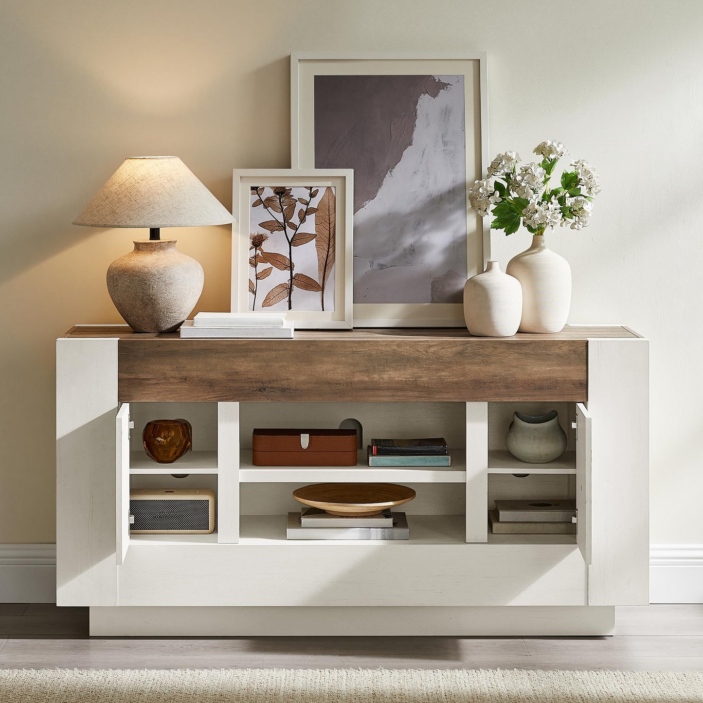 OKD Modern 55" TV Stand, Entertainment Center for TVs Up to 65", Media Console with Open Storage & Side Cabinets, Thick Wood Design for Living Room, Bedroom, Antique White