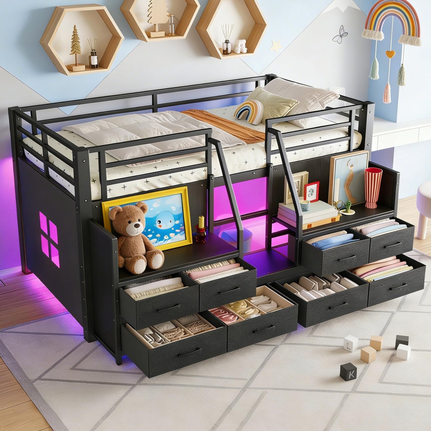 Bellemave Twin Size Low Loft Bed with 8 Drawers, Storage Shelves & LED Lights, Metal Low Loft Bed Frame with Multi-Storage & Under-Bed Spaces for Kids Girls Boys, Black
