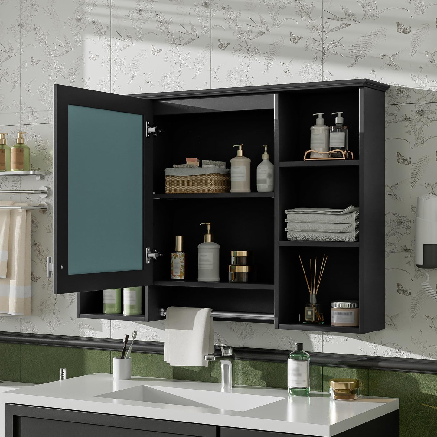 Merax 3-in-1 Bathroom Mirror Cabinet, 42 inch Wall Mounted Medicine Cabinet with Adjustable Shelf & Soft Close Door, High-Define Mirror with Storage for Bathroom Vanity,Black