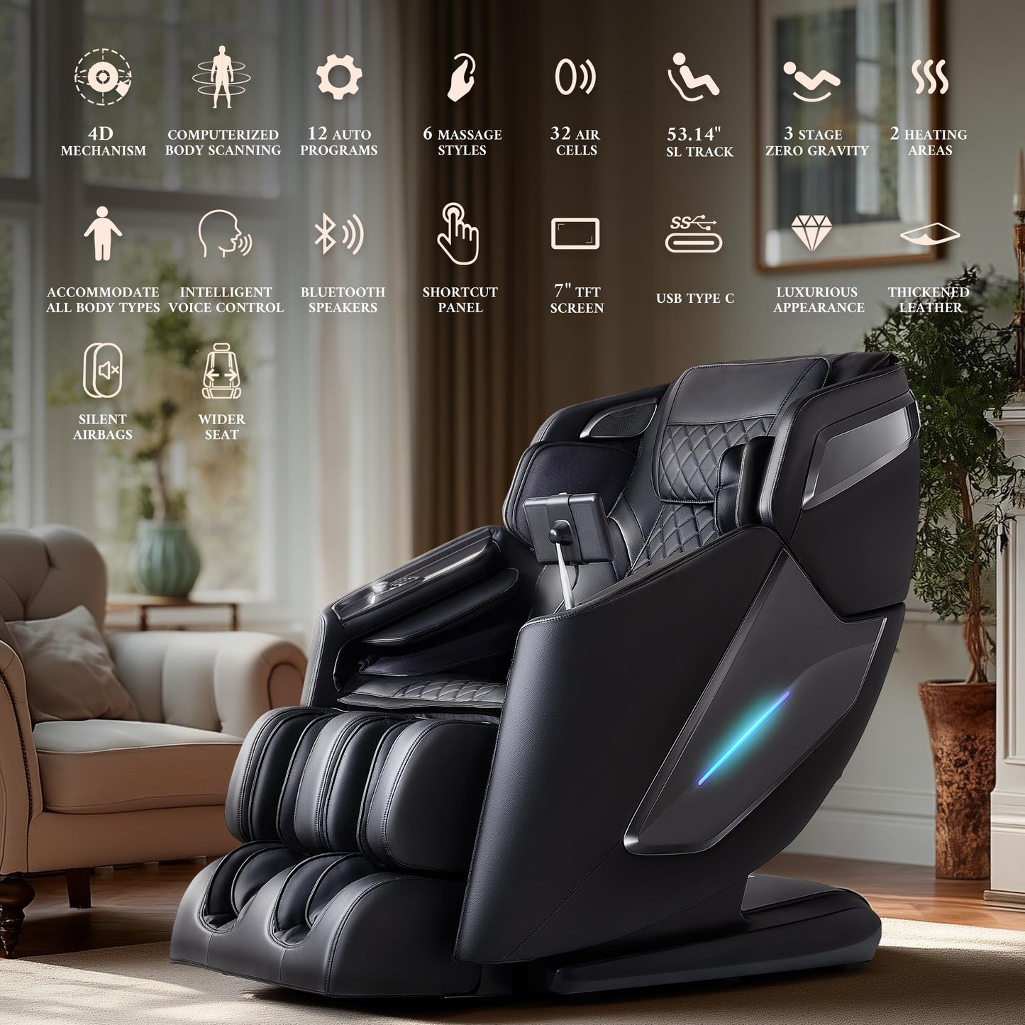 4D Massage Chair, Full Body Massage Chair, Zero Gravity Recliner w/ Intelligent Voice Control, 53.14" SL Track, Electric Calfrest Extension, 12 Auto Modes, USB Type-C, Bluetooth Speaker, TFT Screen