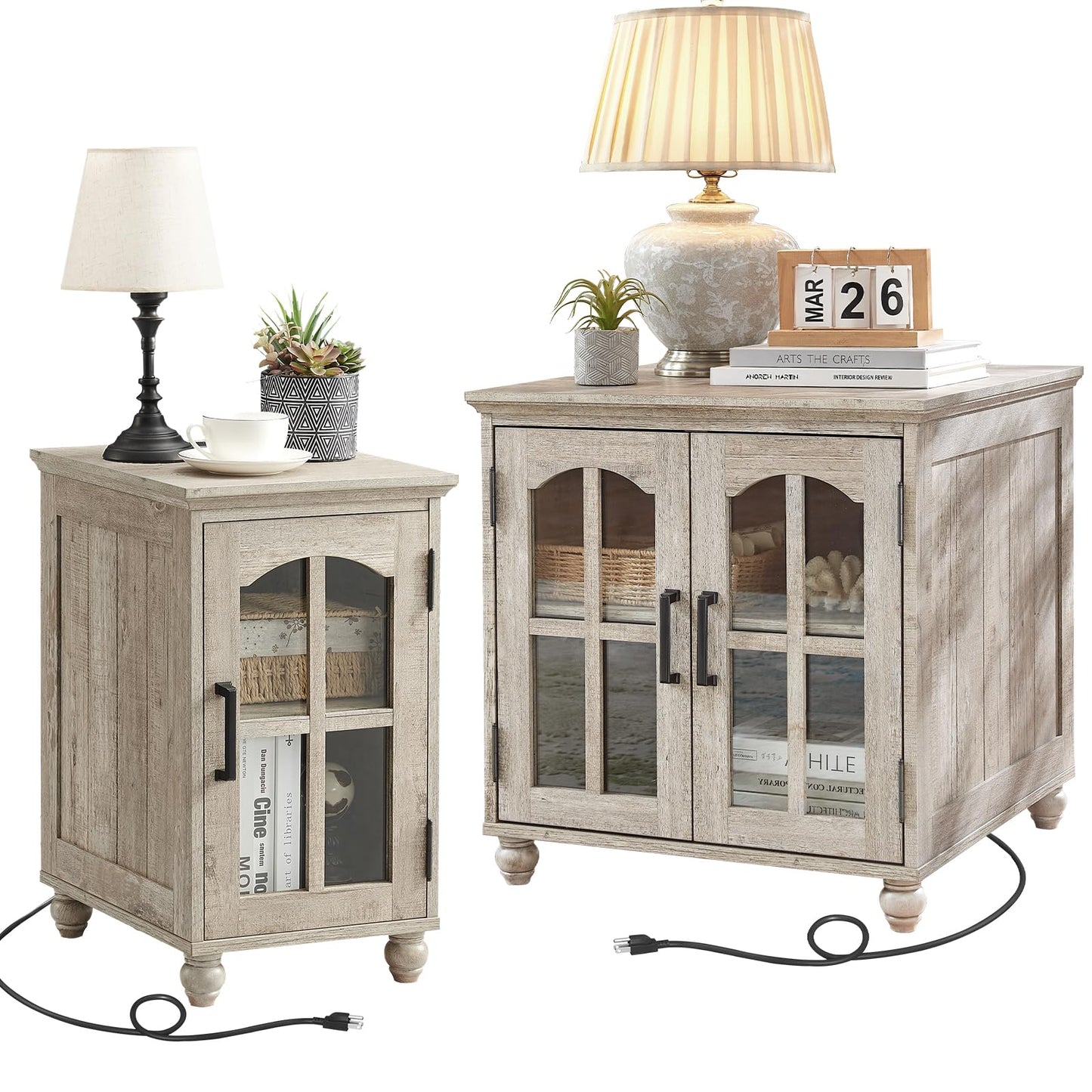 RWYHG Farmhouse End Table Set of 2 with Charging Station, 18'' Narrow Side Table and 24" Large Sofa Table with Glass Barn Door Storage, Wood Night Stand Bedside Cabinet for Living Room,Bedroom