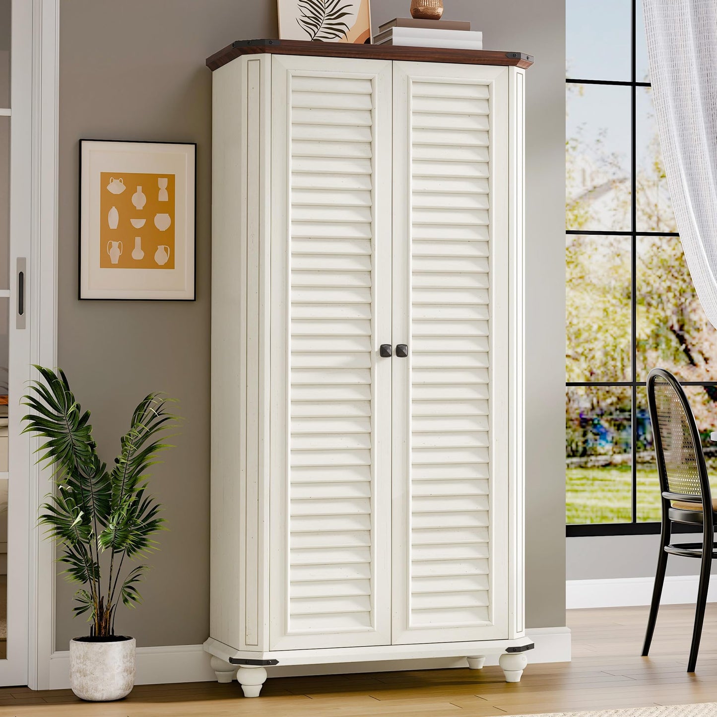 DWVO 4-Tier Storage Cabinet with 2 Shutter Doors, Farmhouse Kitchen Pantry Cabinet with Adjustable Shelves, Wooden Cabinet for Kitchen, Dining Room, Living Room, Office, Rustic White