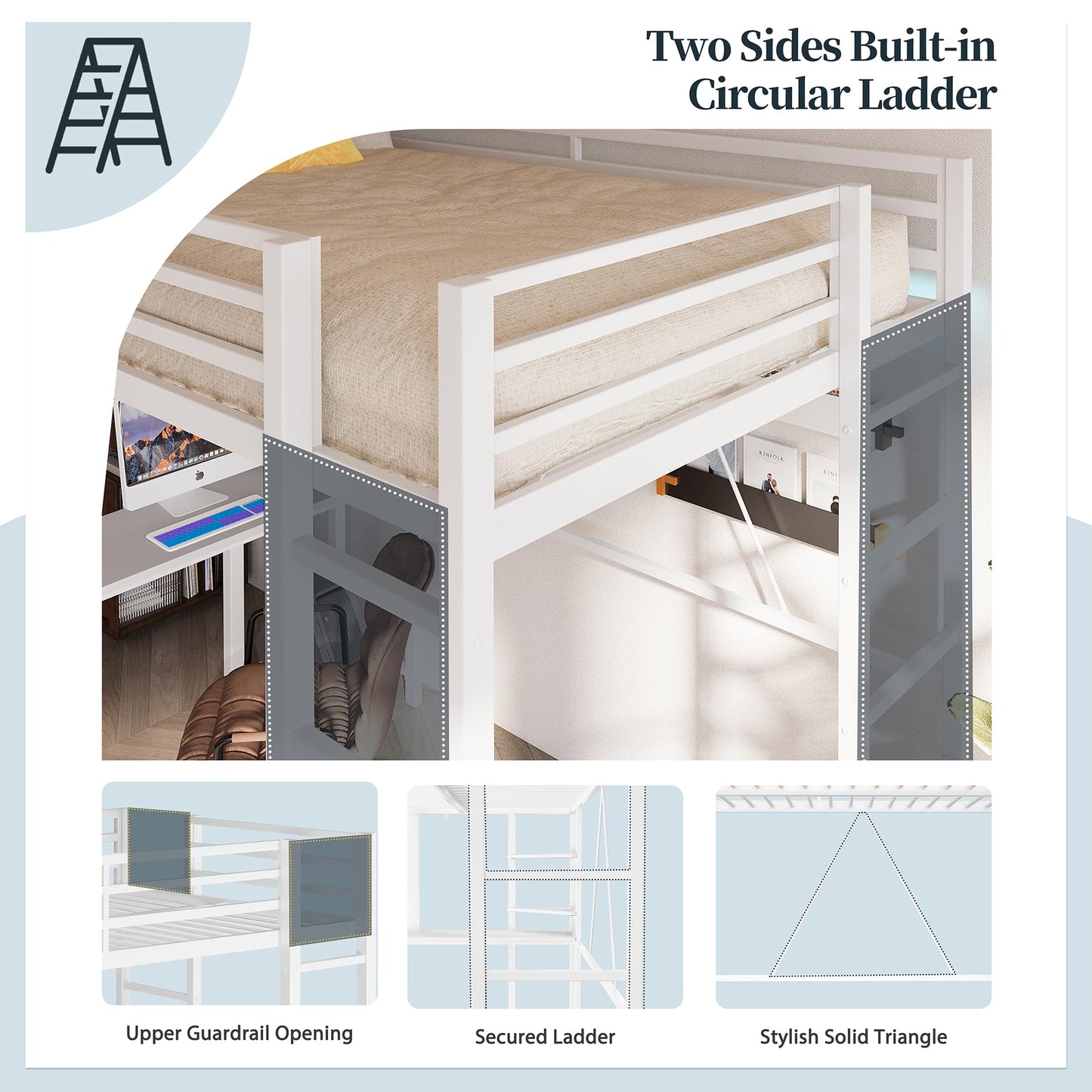 SUNLEI Metal Twin Loft Bed with Desk, Twin Size Loft Bed with 2 Built-in Ladders & Safety Guard, Noise Free for Small Bedroom, Matte White