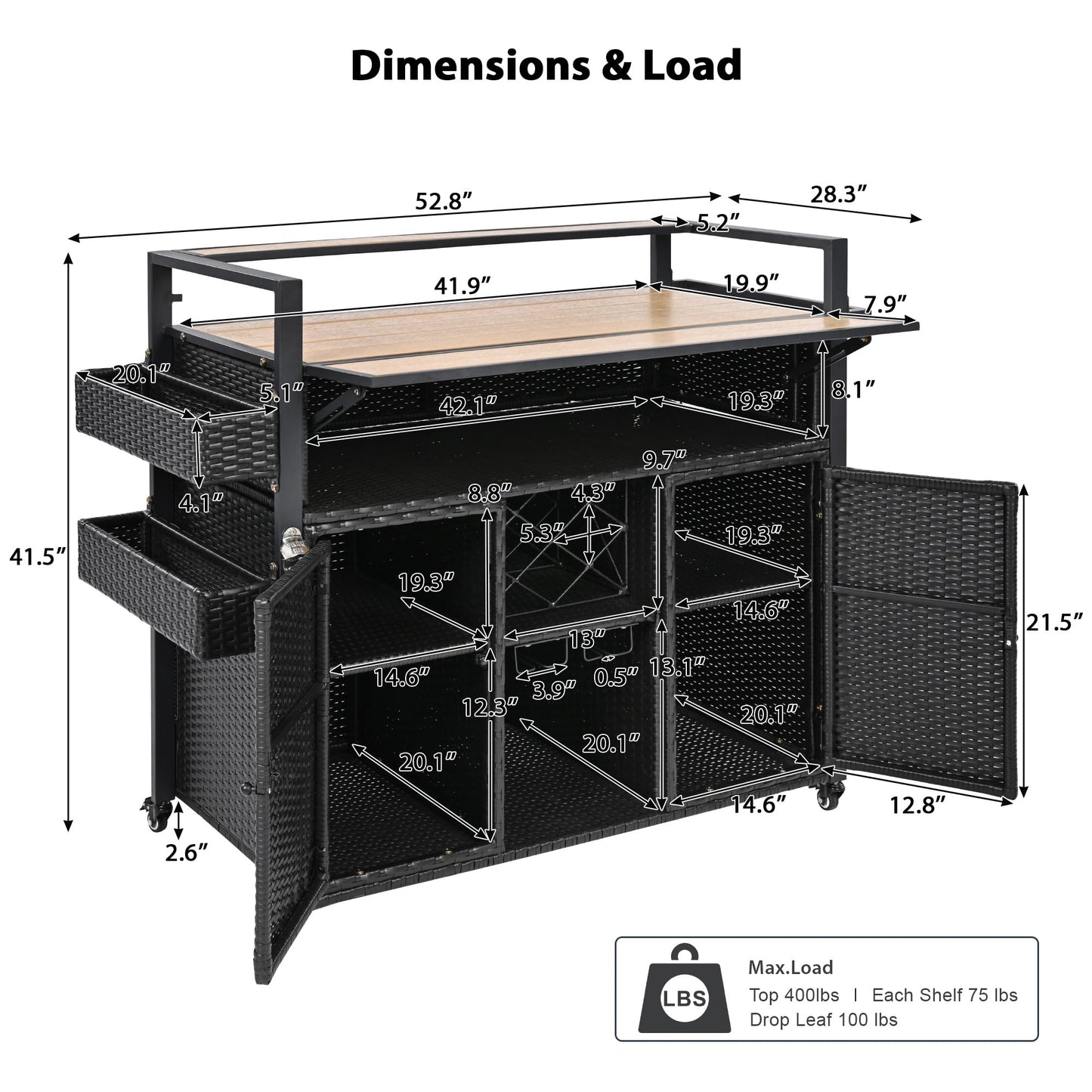 Merax 52.8"W Wicker Outdoor Grill Cart with Extended Plastic Wood Table Top, Rolling Kitchen Island on Wheels with Storage Cabinet for Patio Backyard Garden Poolside, Double Handle Design, Black Brown