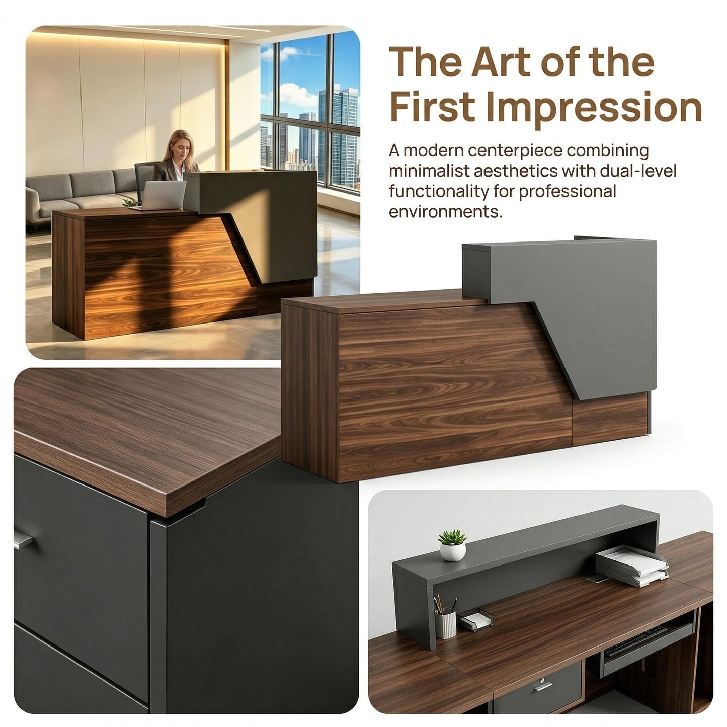 ansespl L Shaped Reception Desk with Counter,63/71inch Reception Room Table with Lockable Drawers & Keyboard Tray, for Office, Salon, Hotel & Clinic (Walnut/Slate Gray, 63" L x 23.6" W x 39.4" H)