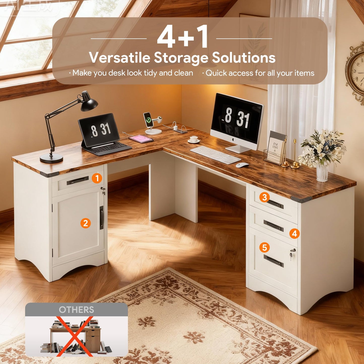 Decofy 67" Farmhouse L Shaped Standing Desk with Drawers Home Office Executive Desks with Fast Charging Station, Lockable File Cabinet, Wood Writing Computer Desk for Work, Study, White