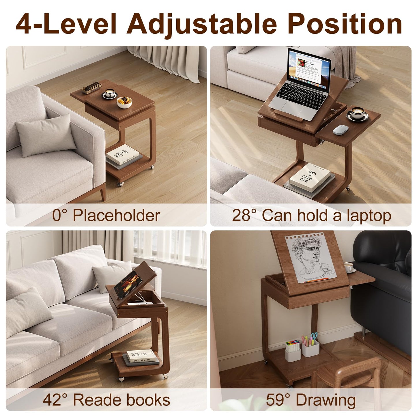 Solid Wood C Shaped End Table for Couch,Walnut C Table with Wheels,Rolling Side Table with Storage,Couch Desk with Adjustable Desktop,Rolling Tv Tray with Folding Shelf,Modern Couch Table