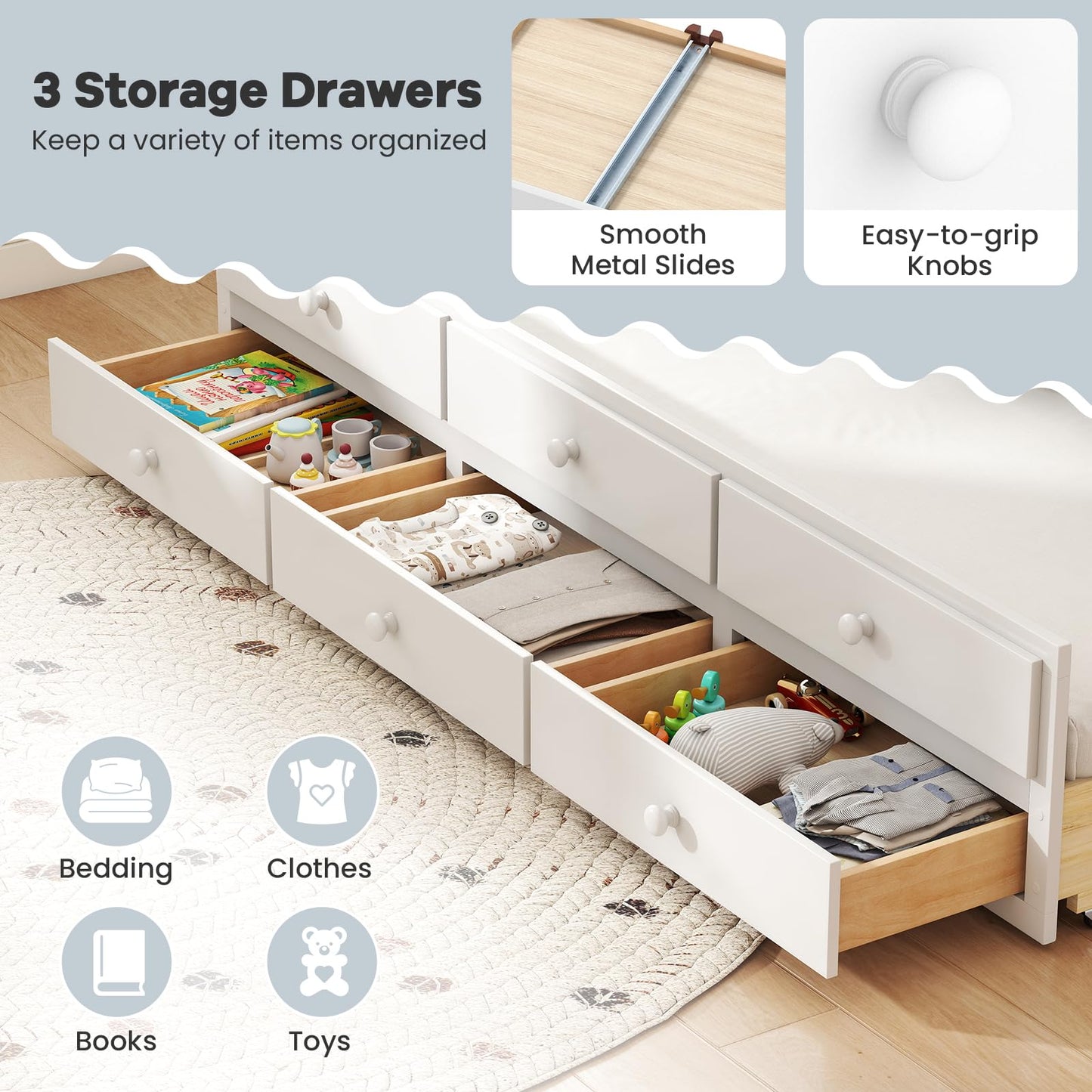Giantex Full Size Bed Frame with Twin Trundle & 3 Storage Drawers, Modern Platform Bed with Headboard & Footboard, Wooden Slats Support Captain Bed for Teens Adults, No Box Spring Needed, White
