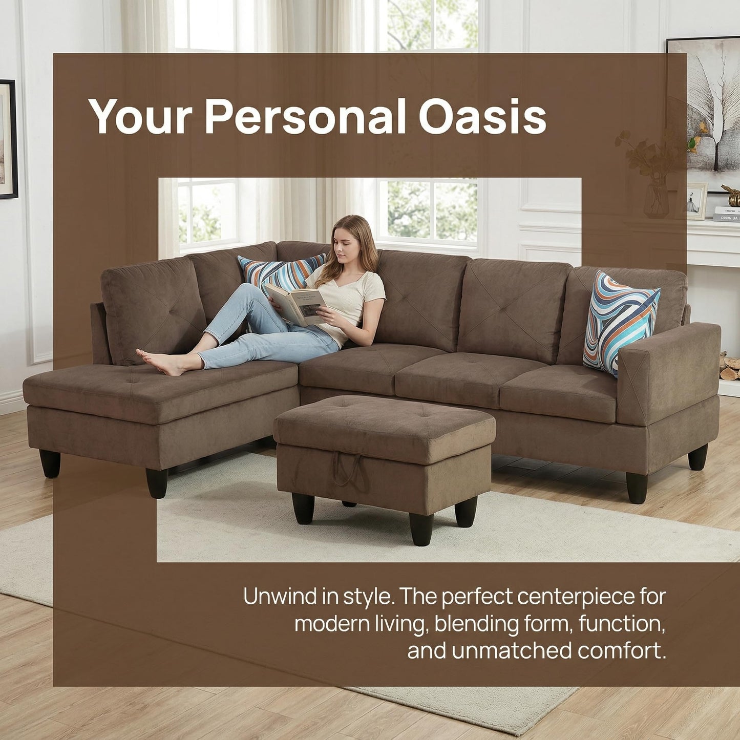 NicBex Sectional Couch 3 Pieces Sofa Set, L-Shaped Modular Couches for Living Room, Furniture Sets with Lounge Chaise & Storage Ottoman, Multi-Scene Use for Apartment & Office, Brown