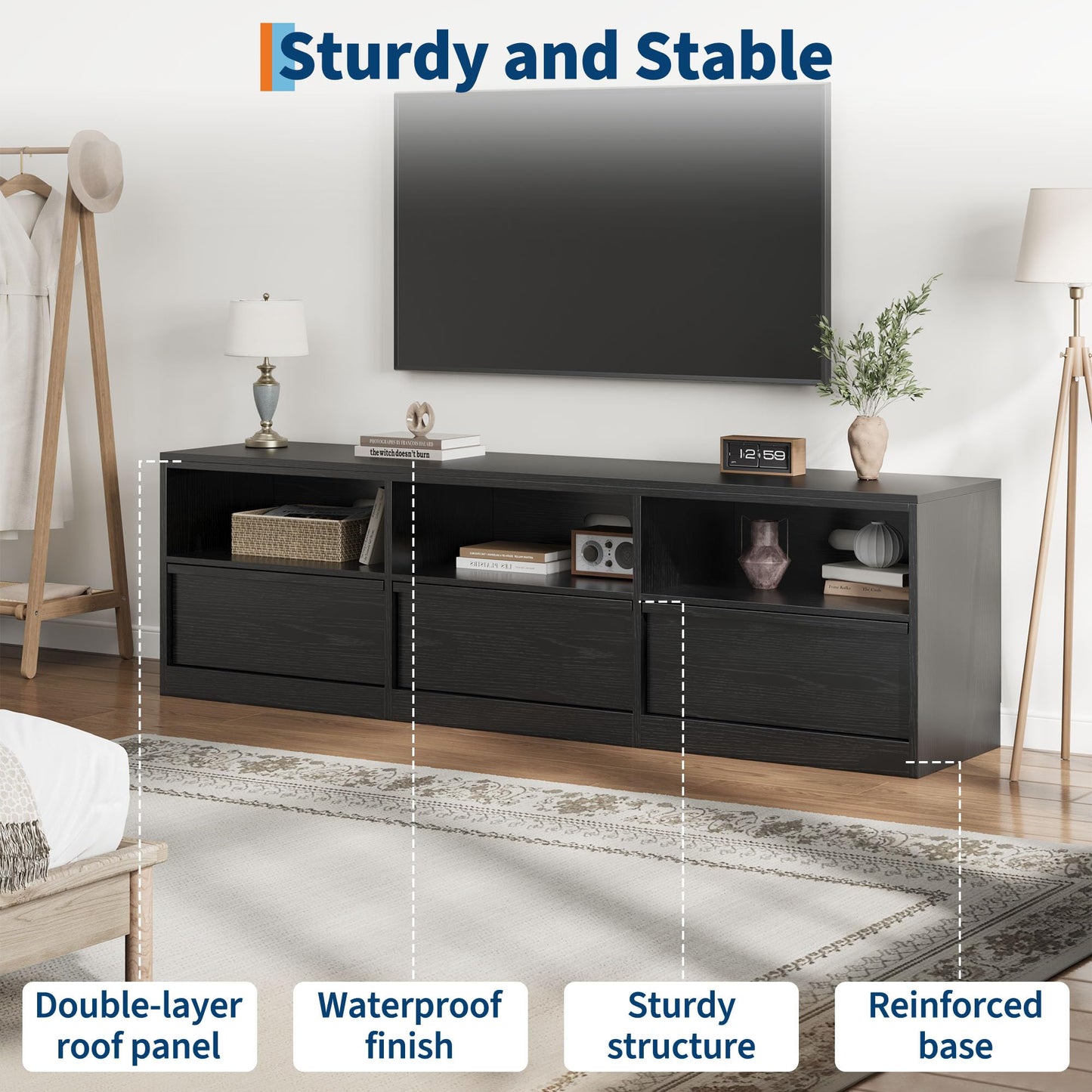 Garvee Mid Century Modern TV Stand for 65 70 75 in TVs, Industrial Entertainment Center with 3 Drawers & Open Shelves, Sturdy MDF for Living Room & Bedroom, Black