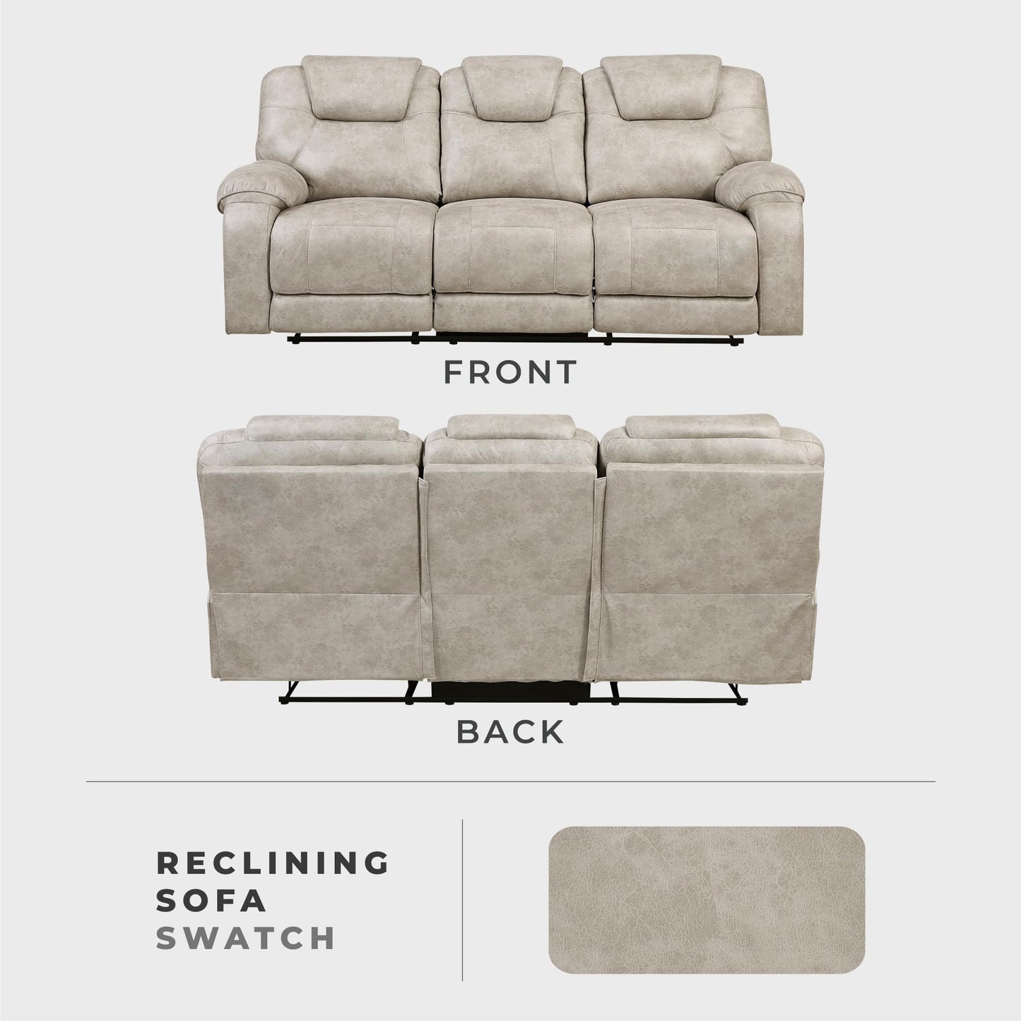 Lexicon Manual Double Reclining Sofa, Polished Microfiber Wall Hugger 3 Seater Manual Tab Pull Sofa Recliner for Living Room, Pillow Top Armrest, Padded Headrest, Easy Assembly, Pewter