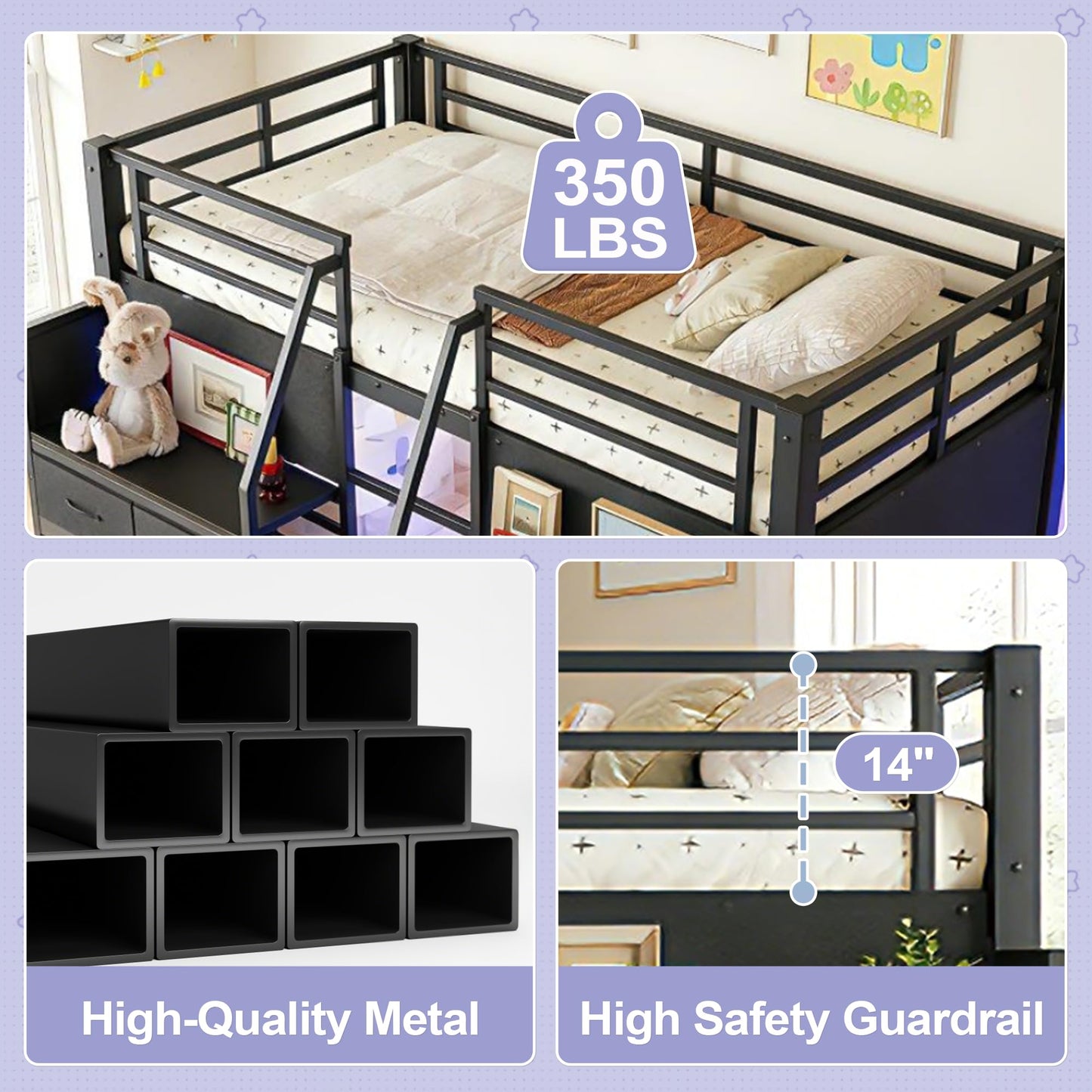 Bellemave Low Loft Bed Full Size with Storage Shelves & Fabric Drawers, Metal Full Loft Bed for Kids with LED Lights & Under-Bed Play Area, Low Loft Bed Frame for Bedroom, No Box Spring Needed, Black