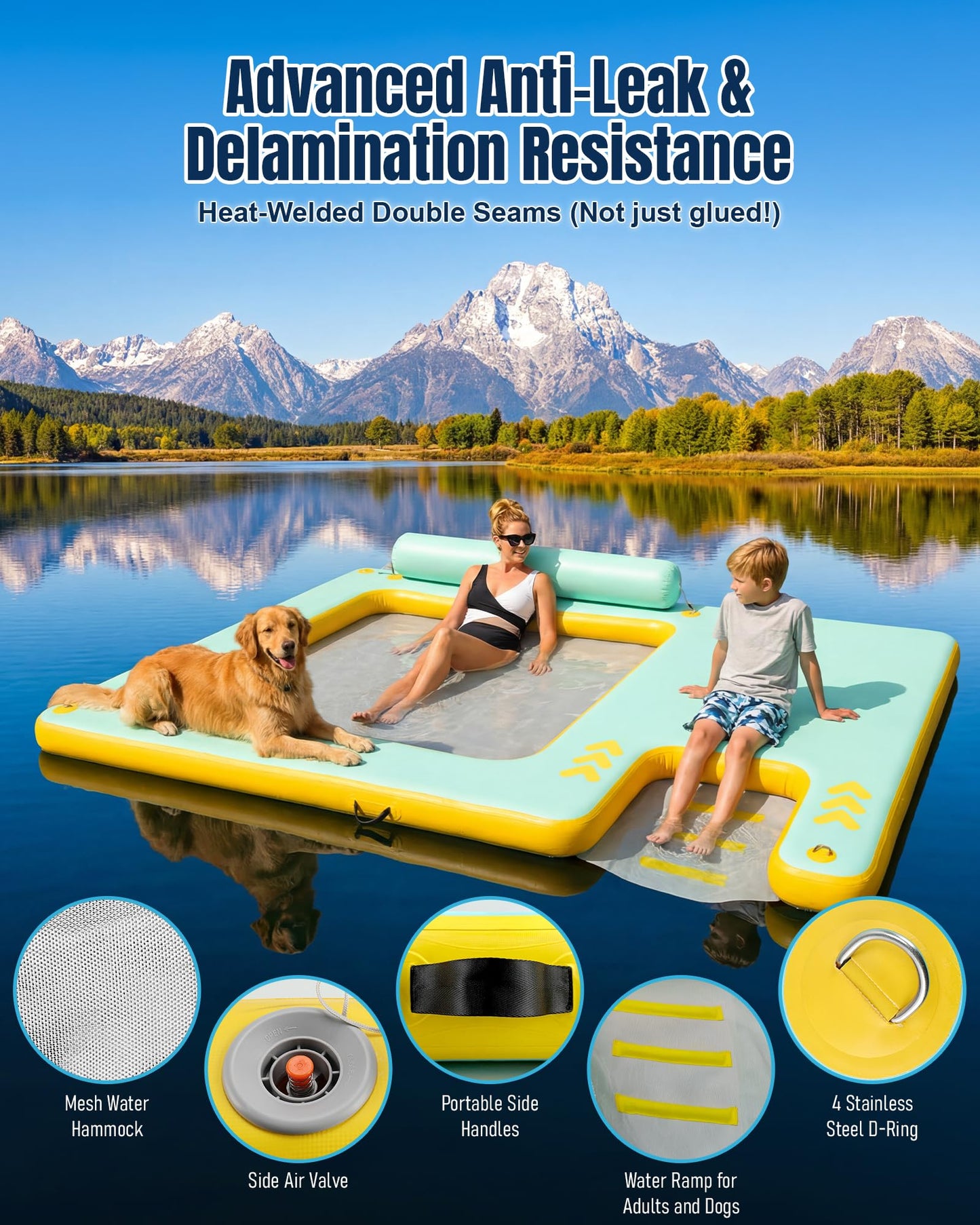 Inflatable Floating Dock for Dogs & Family Water Fun, 8FT/10FT Large Floating Island with Water Hammock and Easy-Access Dog Ramp, Portable Swim Platform for Lakes, Boats, Beaches and Pools