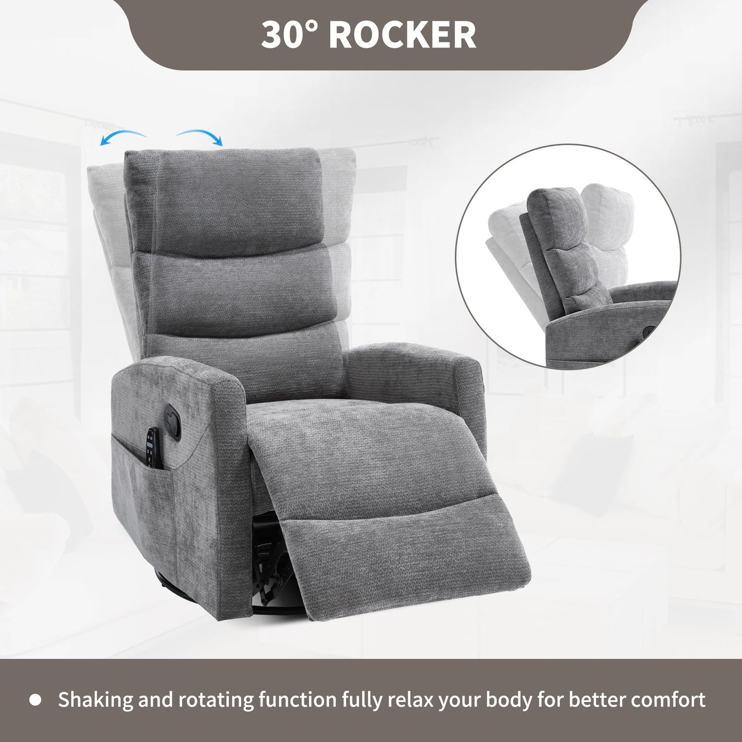 KEIKI 4-in-1 Manual Swivel Rocker Recliner Chair for Home Living Room, Chenille Chair with Back Massager & Heat, Home Theater Seating with Lumbar Support, Cozy Small Bedroom Chairs for Adults, Grey