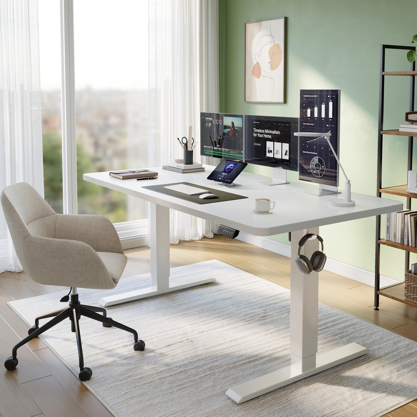 CubiCubi Standing Desk, 63 x 28 Inches Electric Height Adjustable Computer Desk, Sit Stand up Home Office Desk with Memory Presets, White