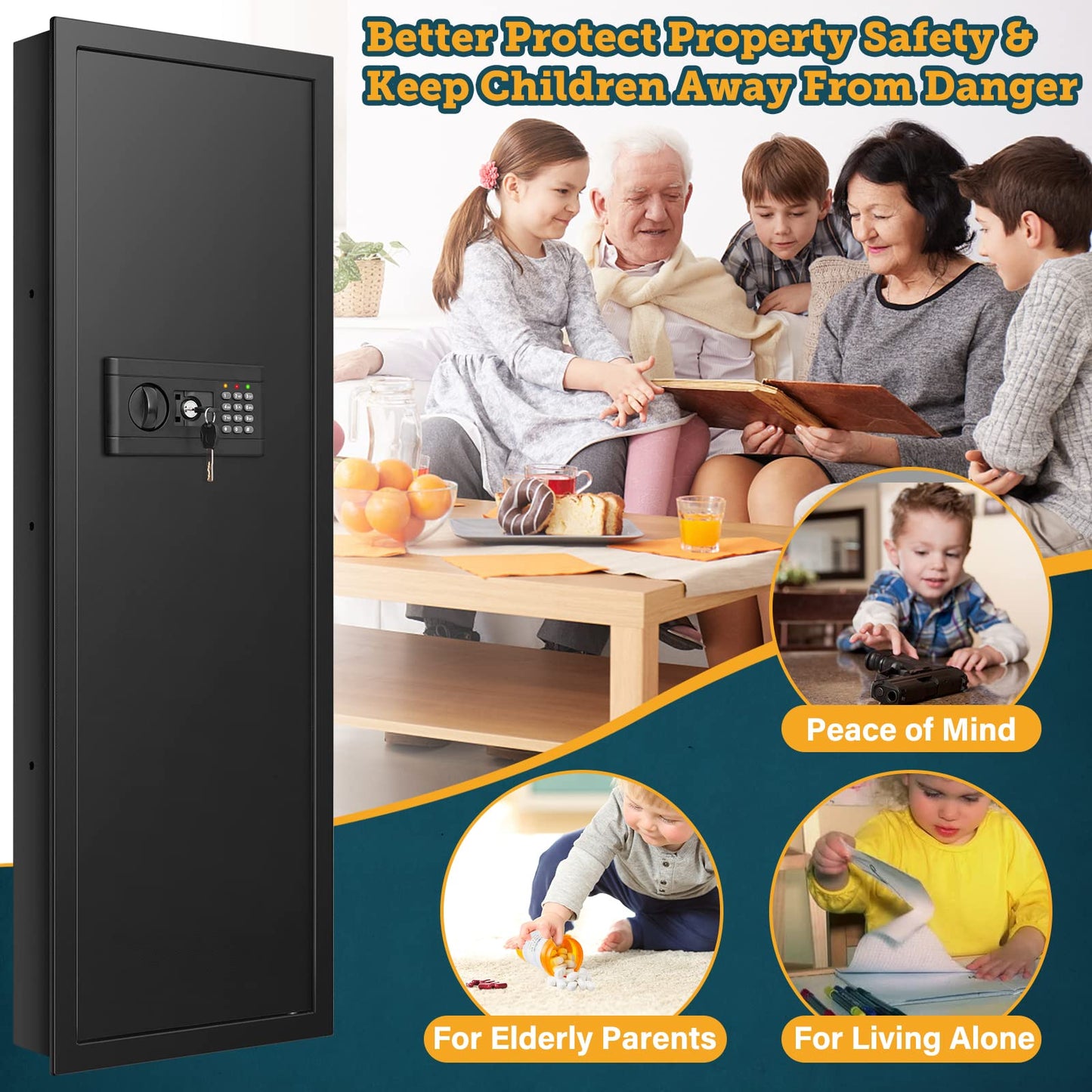 GHJGAGE 43.3'' Tall Fireproof Wall Safe Between Stud, Heavy Duty Flush In Wall Safe With Digital Keypad & Removable Shelf, Hidden Gun Safe, Security Home Wall Safes For Storage Firearms Money Medicine