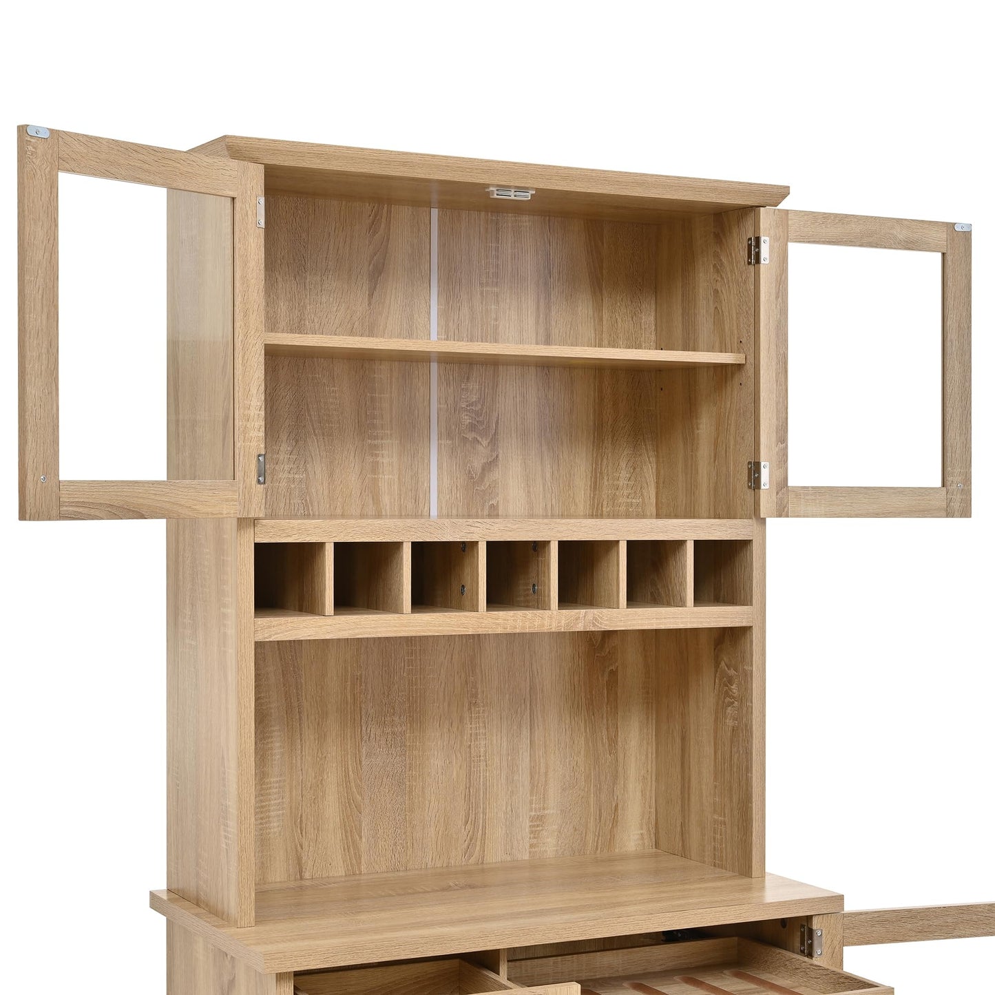 Merax 35.4"x17.7"x74.8" Farmhouse Freestanding Buffet with Hutch, Kitchen Pantry Storage Cabinet with Wine Rack and Adjustable Shelves for Dining Room, Natural