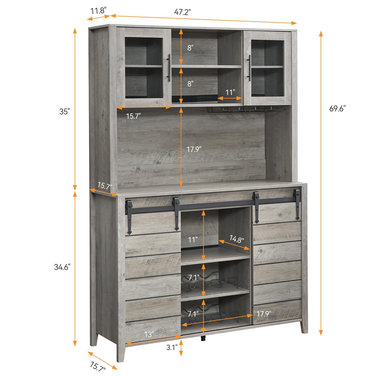 GarveeHome 70 in Tall Farmhouse Coffee Bar Cabinet, Kitchen Hutch Storage with Sliding Barn Door, Kitchen Buffet with Wine Rack, Glass Holder, Wine Bar Cabinet for Dining Room, Living Room, Gray