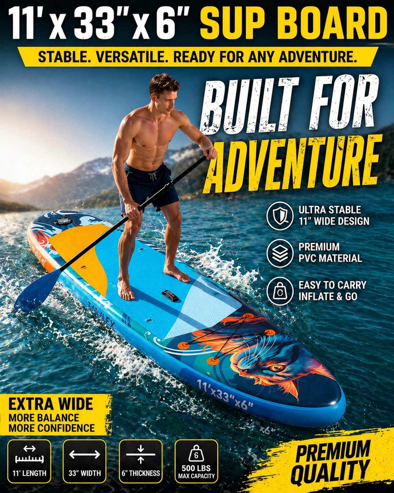 Tavilex Inflatable Stand Up Paddle Board with Seat, 11' x 33" x 6" Ultra-Wide 2-in-1 SUP Board for Adults & Youth, Stable Blow Up Paddleboard Kit with Dual-Blade Paddle (Night Cat)