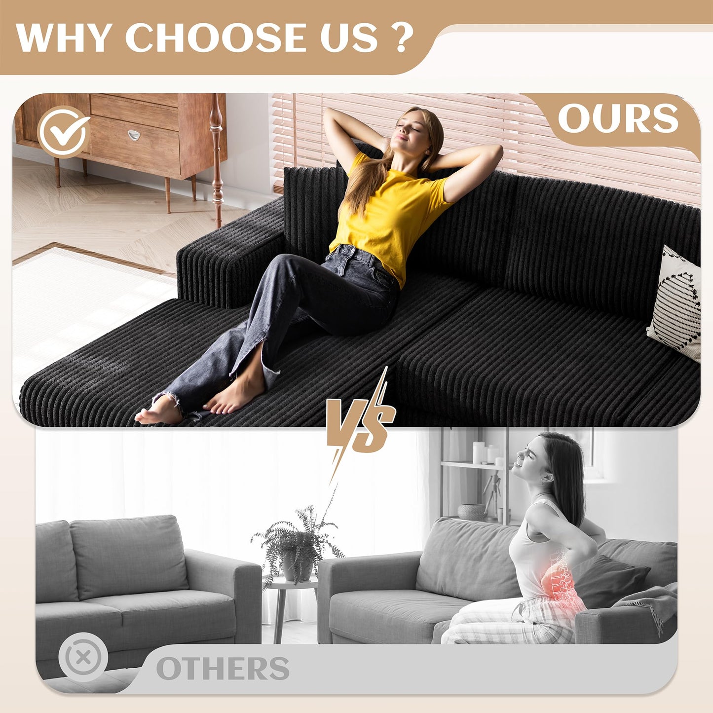 Vongrasig 105" Boneless Couches for Living Room, Sectional Couches Modular Sofa with L-Shaped Chaise, Memory Foam Comfy Cloud Couch with Plush Corduroy Fabric, No Assembly Required, Black