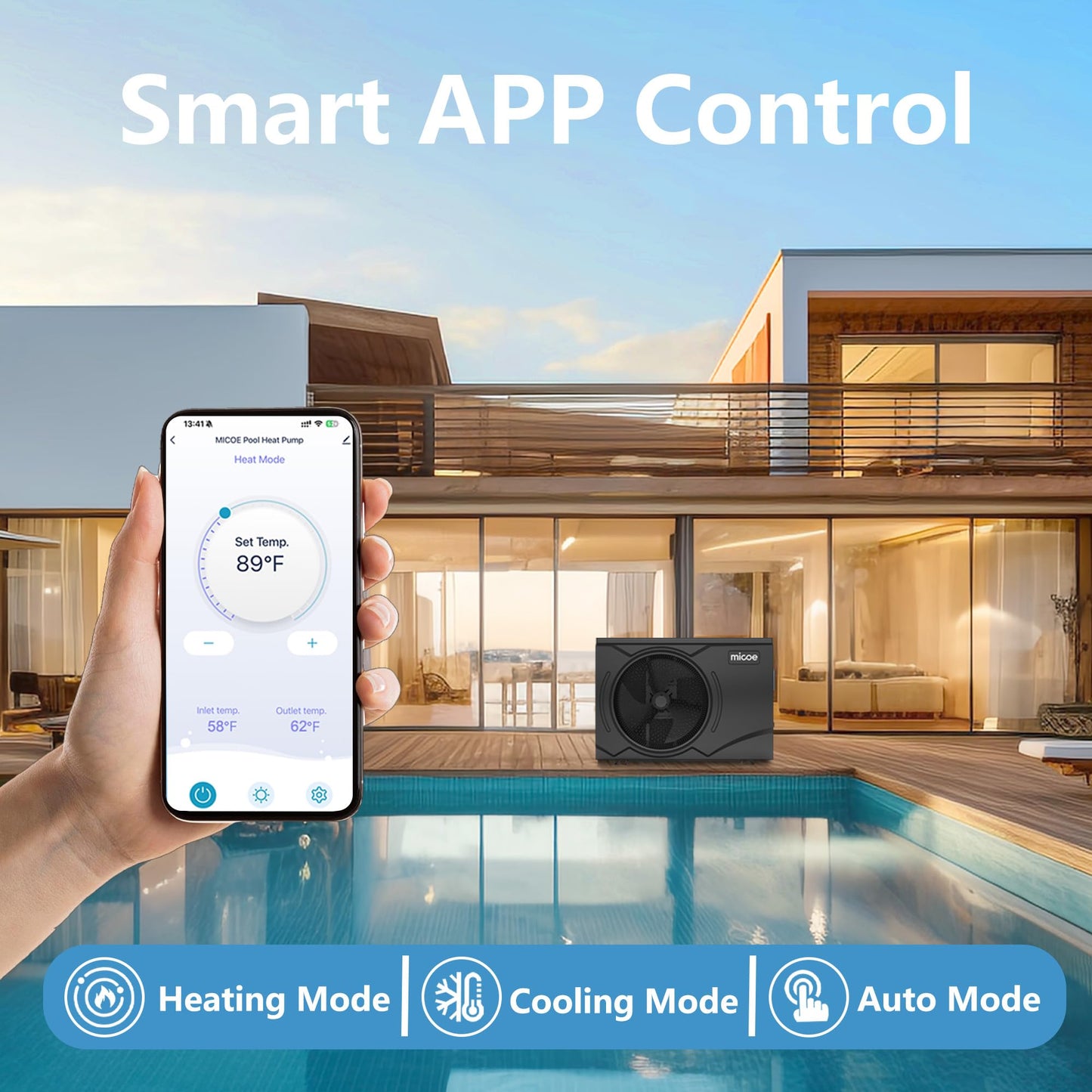 MICOE 35,000 BTU Inverter Pool Heat Pump for Above Ground & Inground Pools up to 24ft (12,000 Gal), Electric Heater with Heating and Cooling Mode, Titanium Heat Exchanger, App Control, 220V