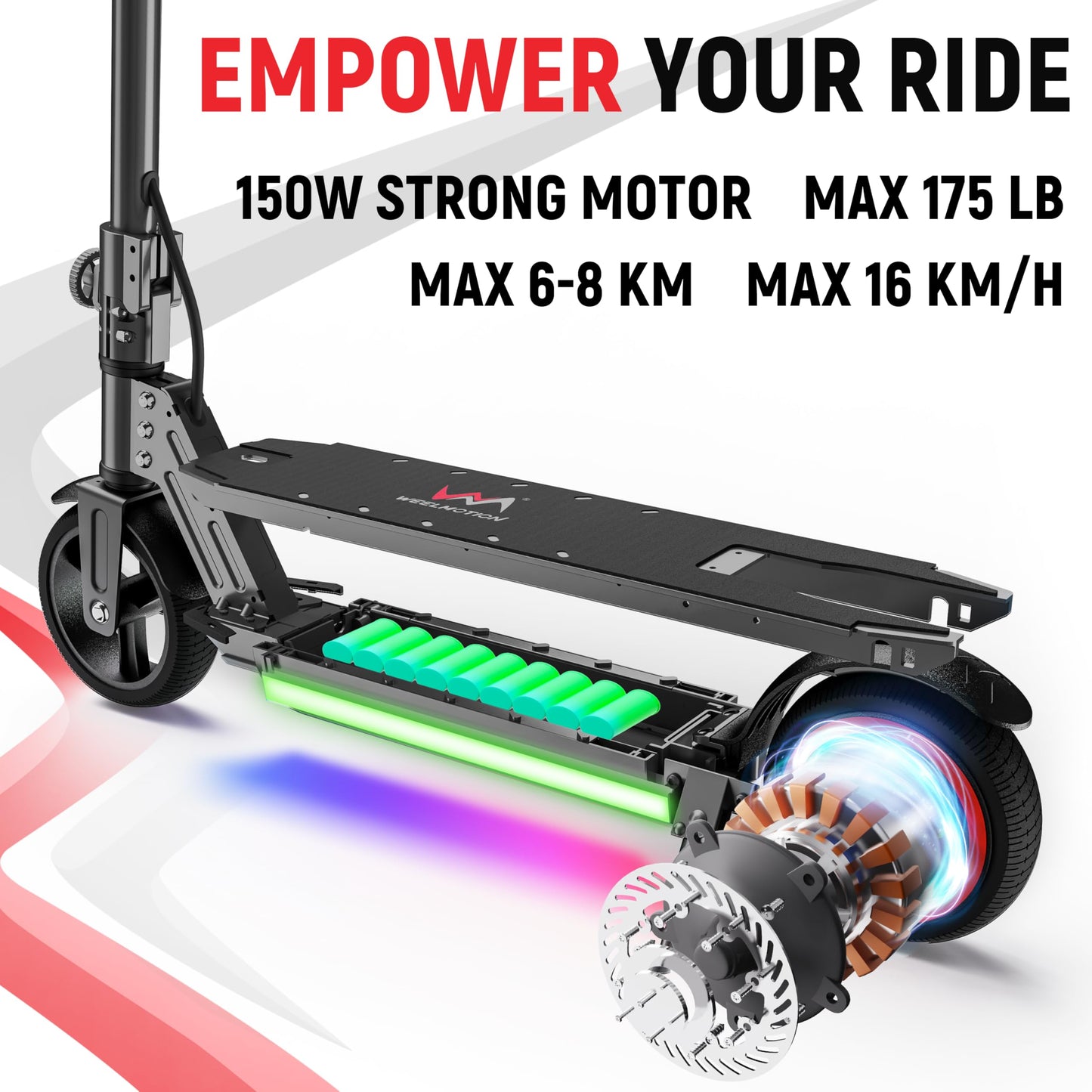 WEELMOTION Foldable Electric Scooter for Kids, Bright Front Lights, Shining Pedal Lights, LED Display, Dual Brakes 150W Motor Kids Electric Scooter, UL2272 Certified，Classic Black
