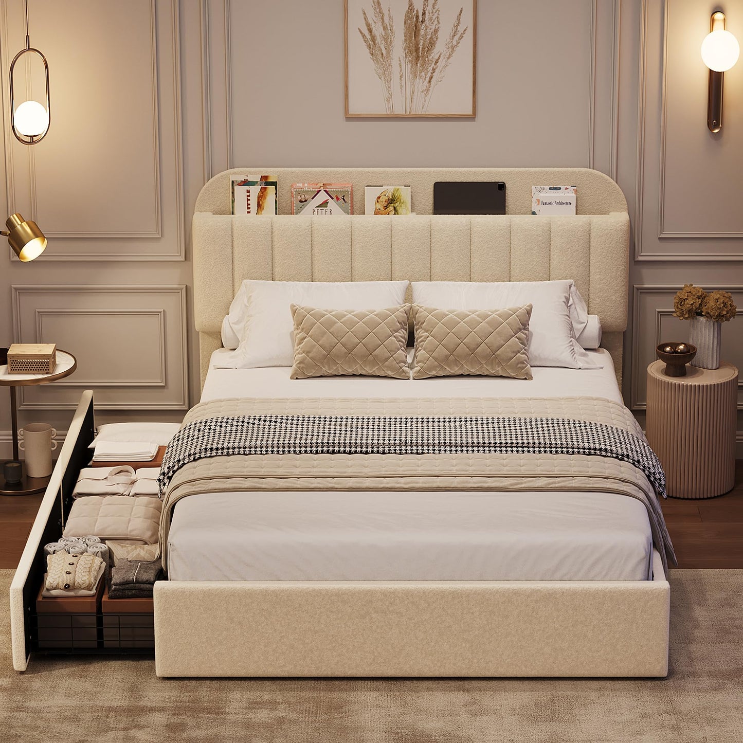 GarveeHome Full Bed Frame with Storage Headboard, Kids Bed Frame with 2 Drawers, Boucle Upholstered Platform Bed with Bookcase, No Box Spring Needed, Easy Assembly, Beige White