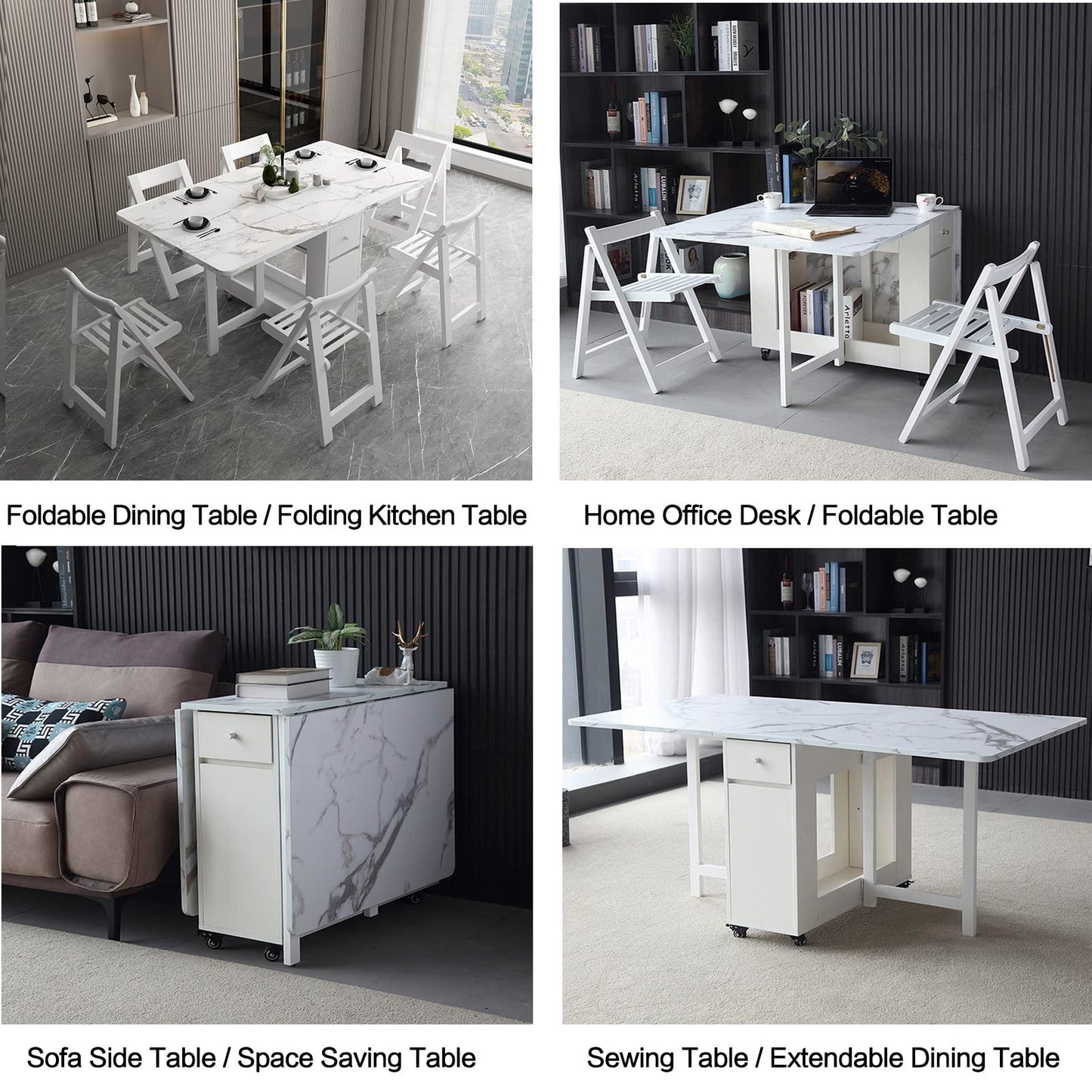 FUNROLUX Folding Dining Table with Rack and 2 Storage Drawers, Movable Extendable Space Saving Kitchen Table in 3 Forms (White)
