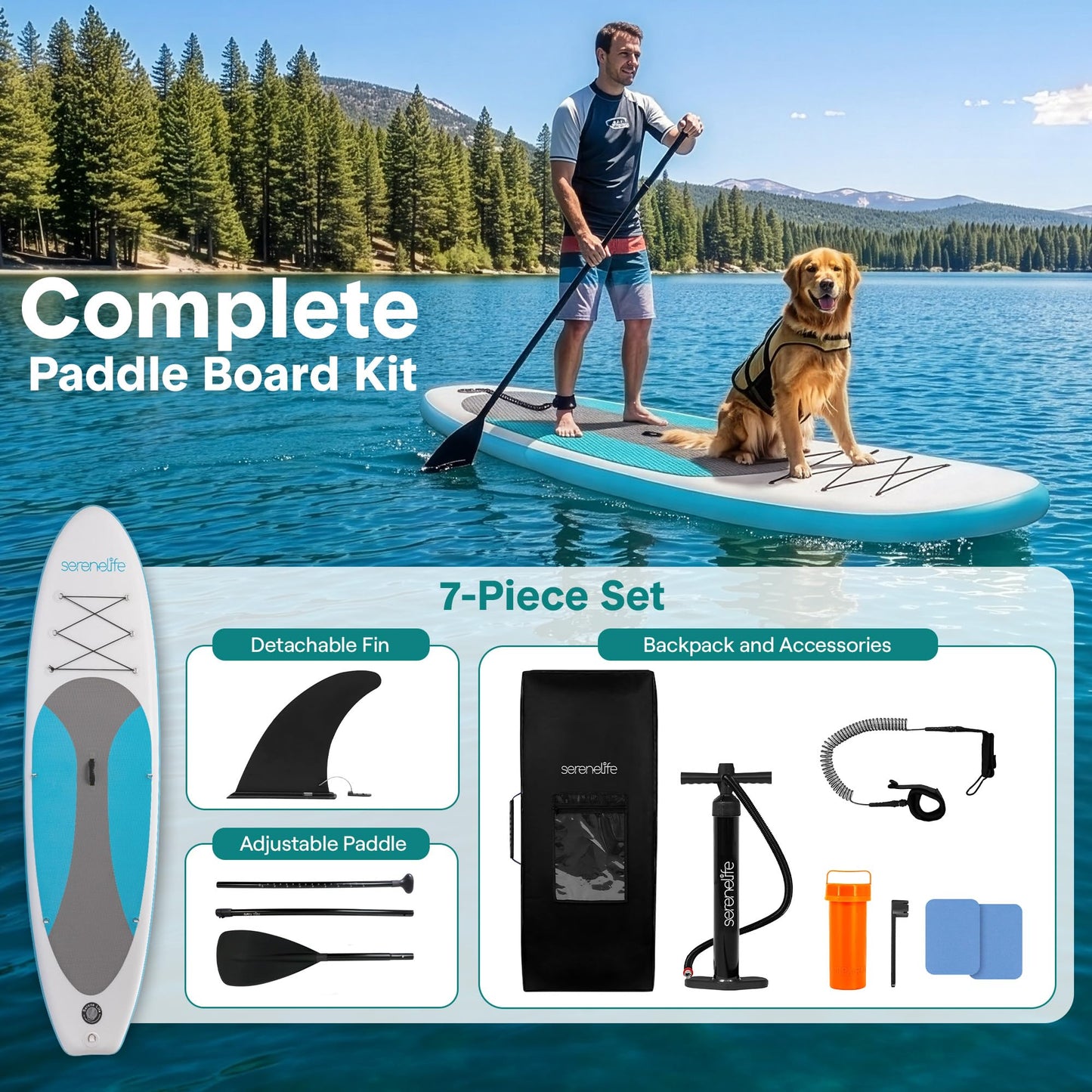 SereneLife 10’ Inflatable Stand Up Paddle Board with Premium SUP Accessories - 32” Wide Stable Design with Non-Slip EVA Deck Pad, for Youth and Adults, 275 lbs. Capacity