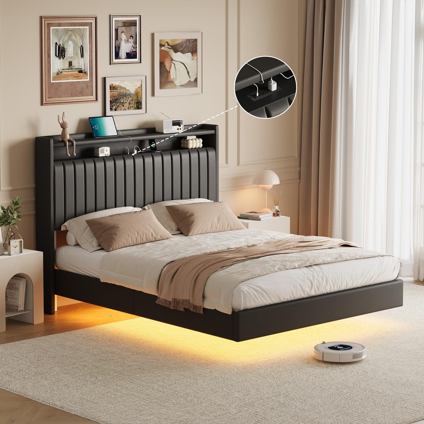 Queen Floating Bed Frame with LED Lights & Charging Station, Upholstered Leather Platform Bed Frame with Headboard, 50" Tall Floating Bed with Stable Structure, No Box Spring Needed,Black